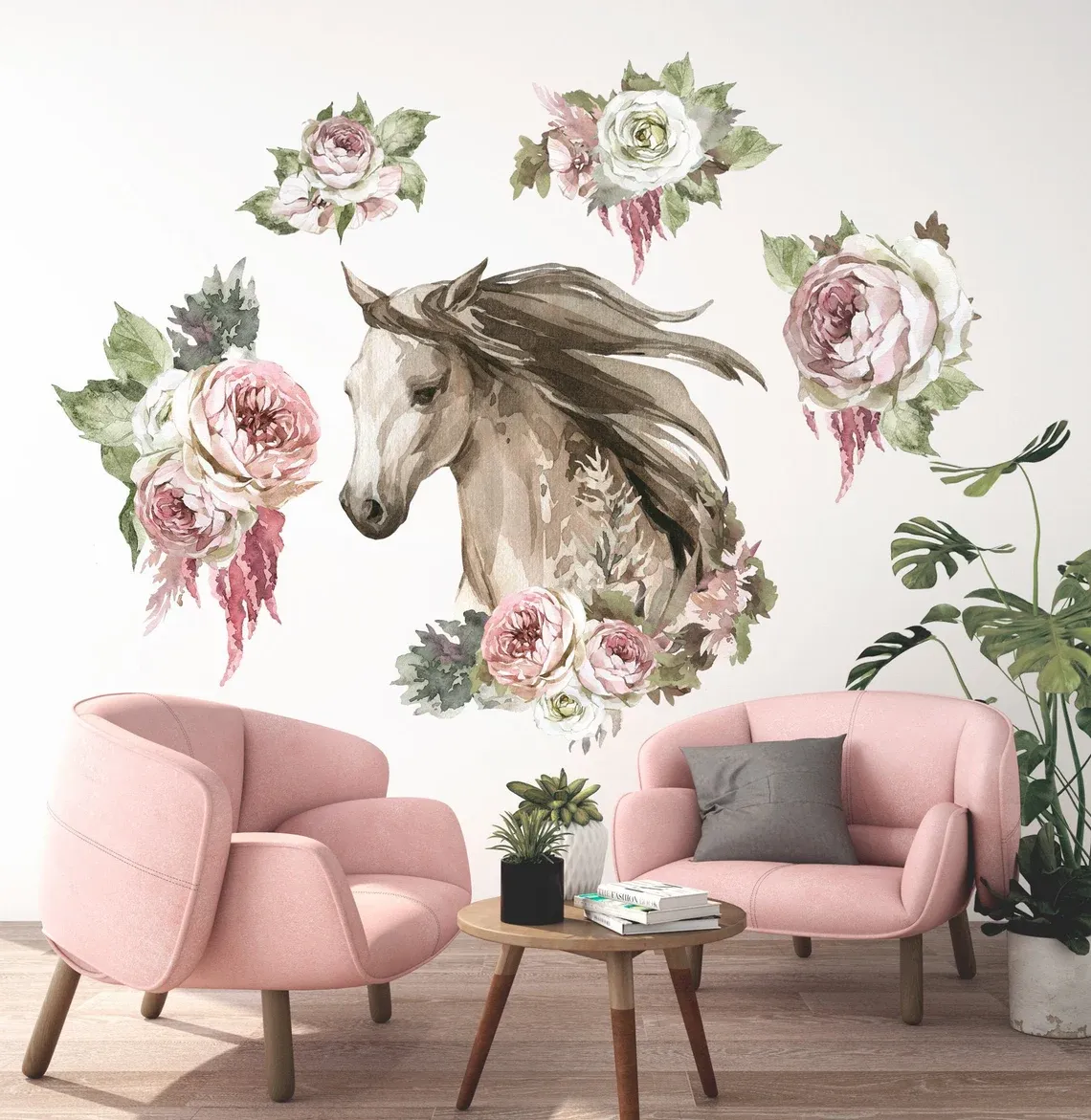Horse Wall Decal, Horse Flower Horse Wall Art, Horse Head Wall Decor H