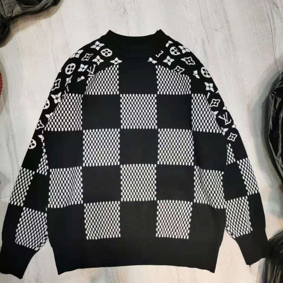 L&v 黒と白の格子縞のクラシックなロゴステッチ セーター