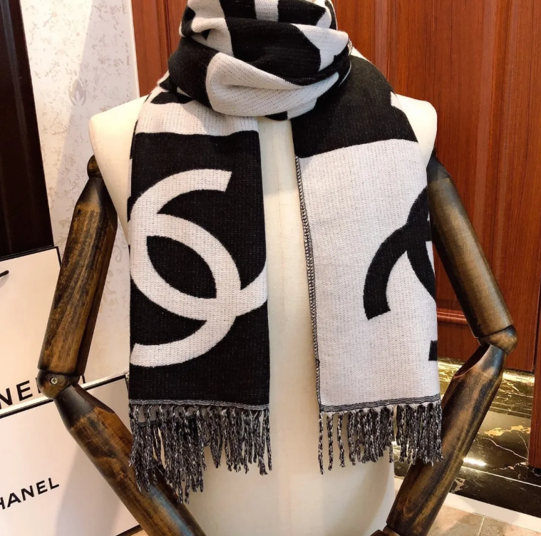 Chanel黒と白のカシミヤ スカーフ ショール 暖かいスカーフ【50％割引+送料無料】