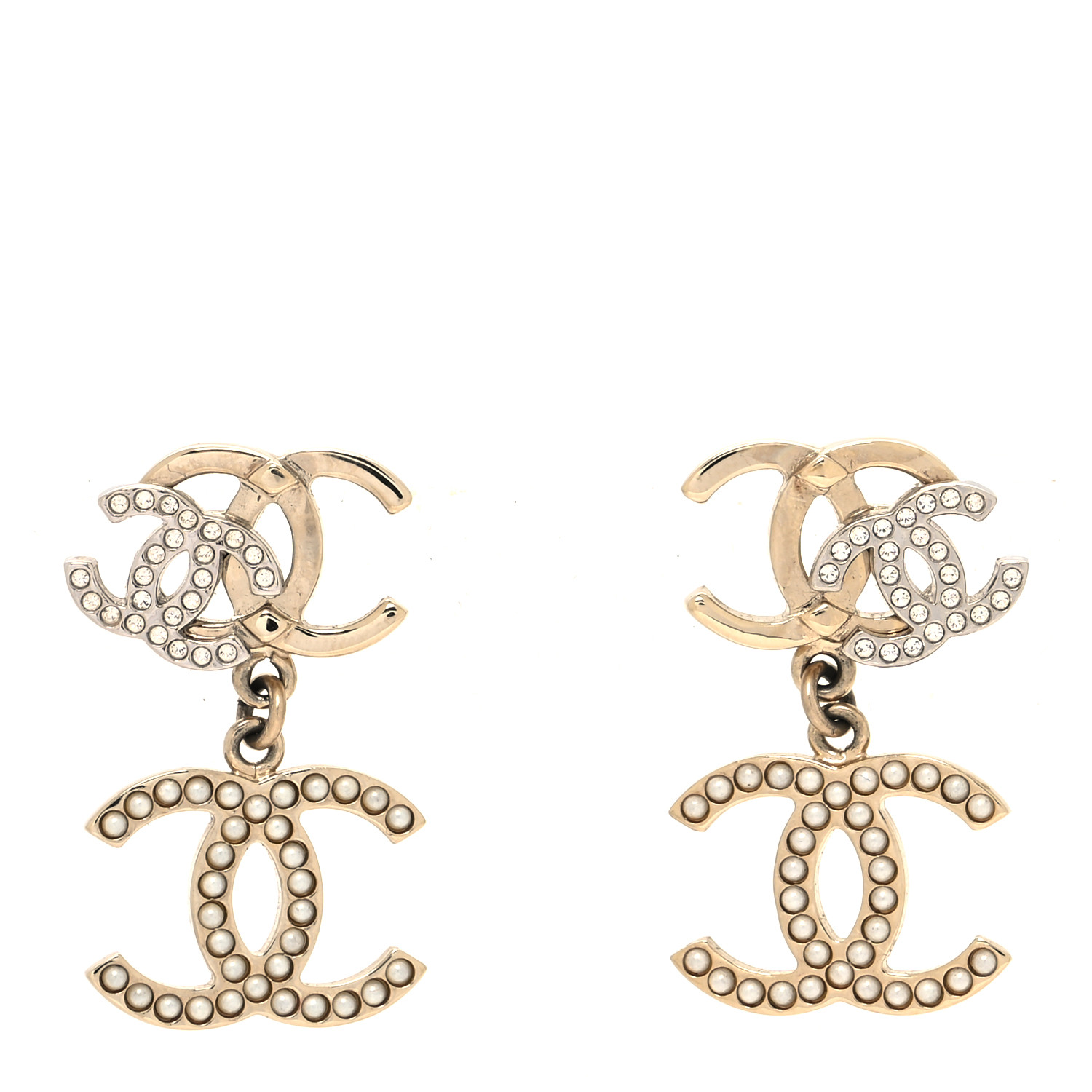 Chanel Crystal Pearl Double CC Drop Earrings Gold Silver image 1 of 4