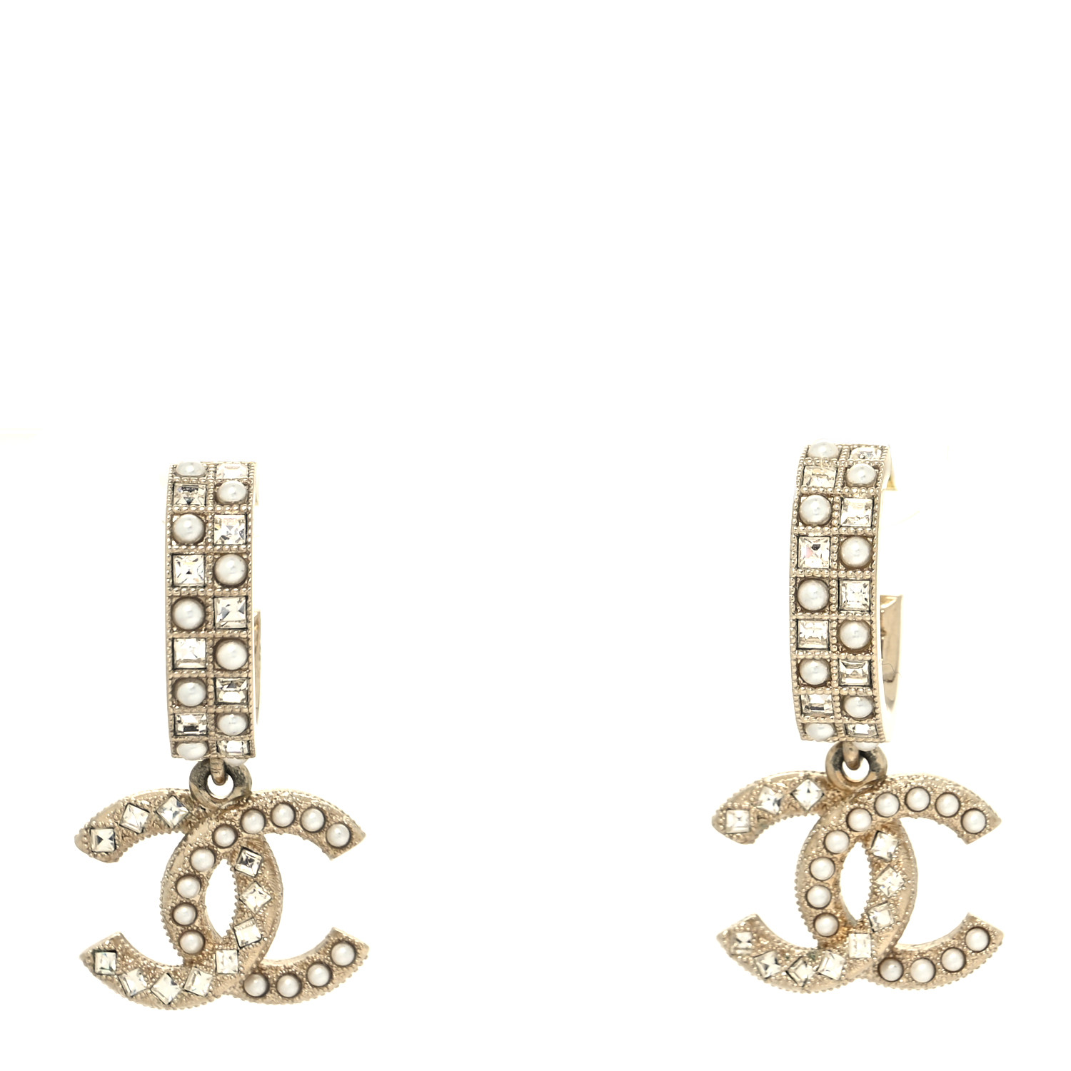 Chanel Crystal Pearl CC Hoop Drop Earrings Gold image 1 of 4