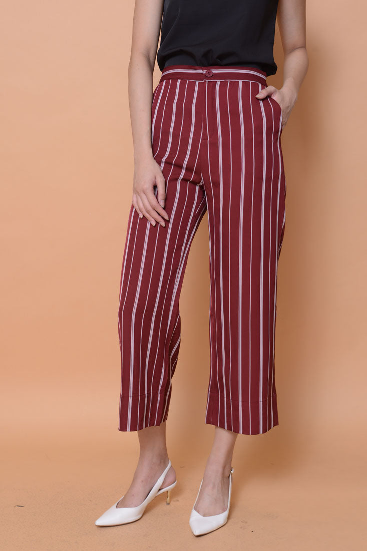 Casual-High rise strips prints culottes in maroon