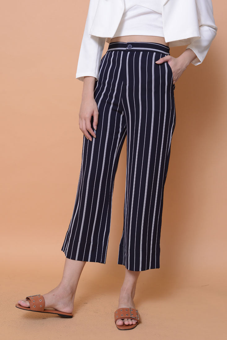 Casual-High rise strips prints culottes in navy