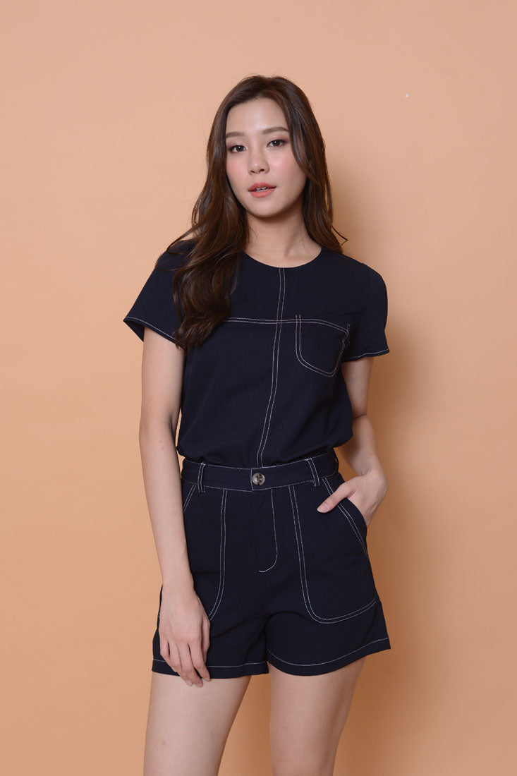 Casual- Stitches Line Design top in Navy
