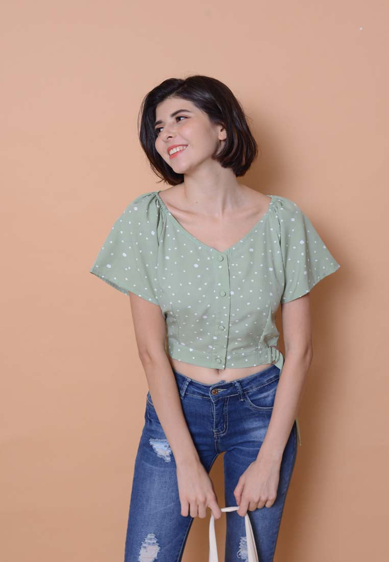 Casual - Printed Flare Sleeve Top in Green