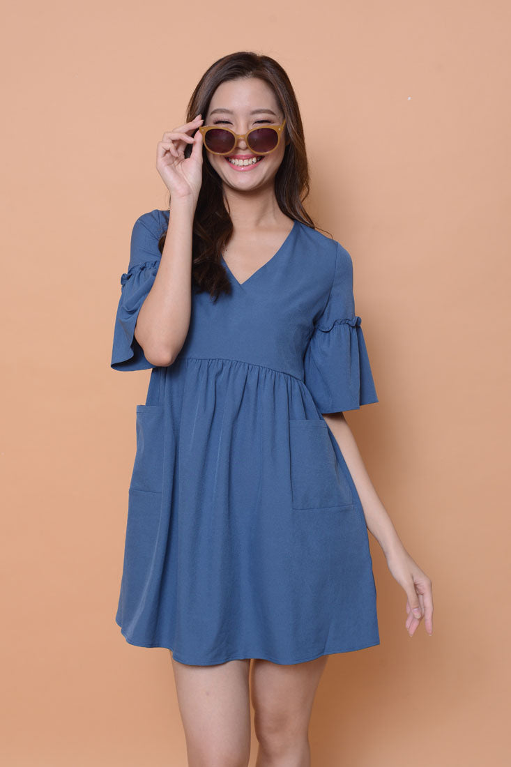 Casual- Flare sleeve Babydoll Dress in Blue