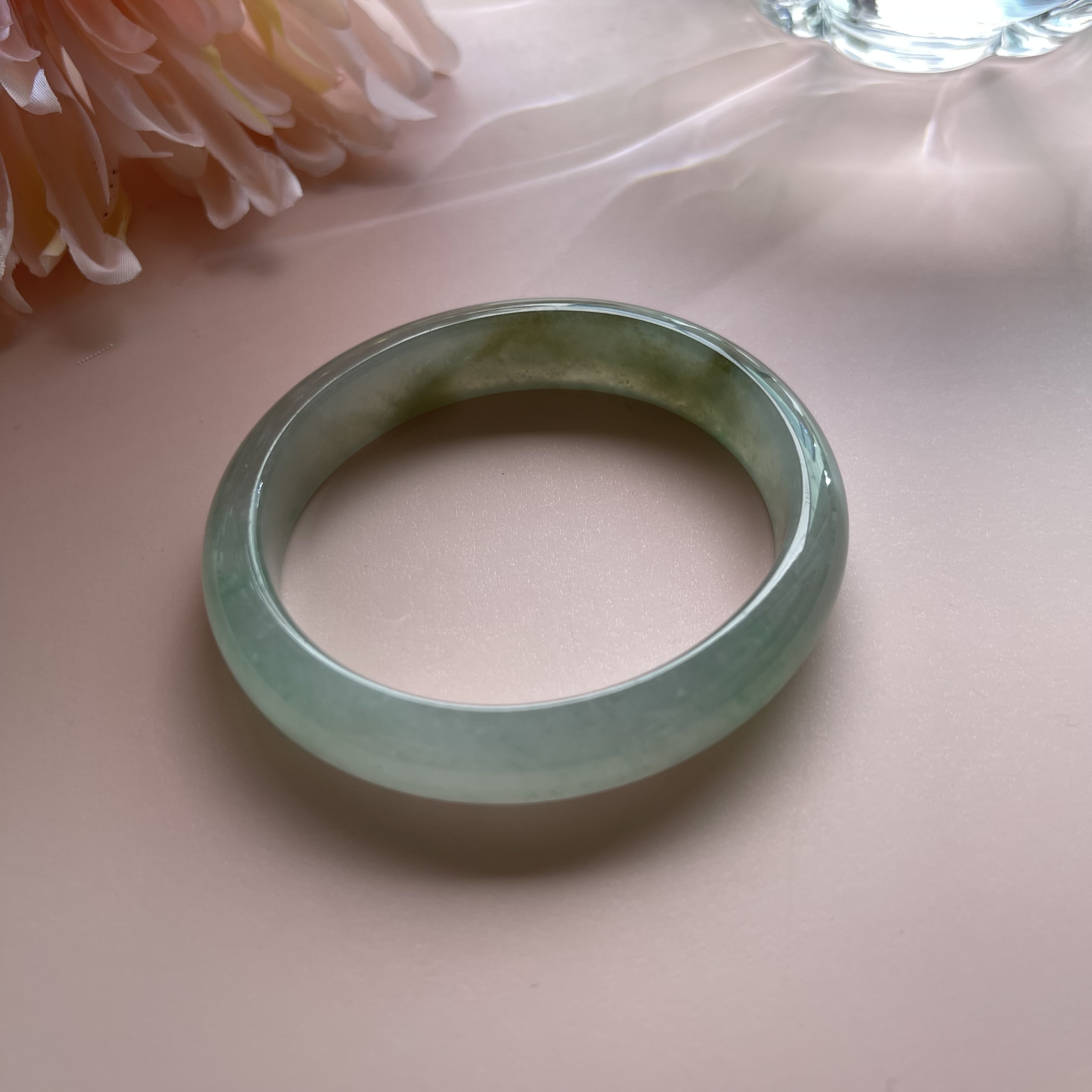 Icy Translucent Bluish Green with Olive Green Floating Flower Bangle (PJA00104)