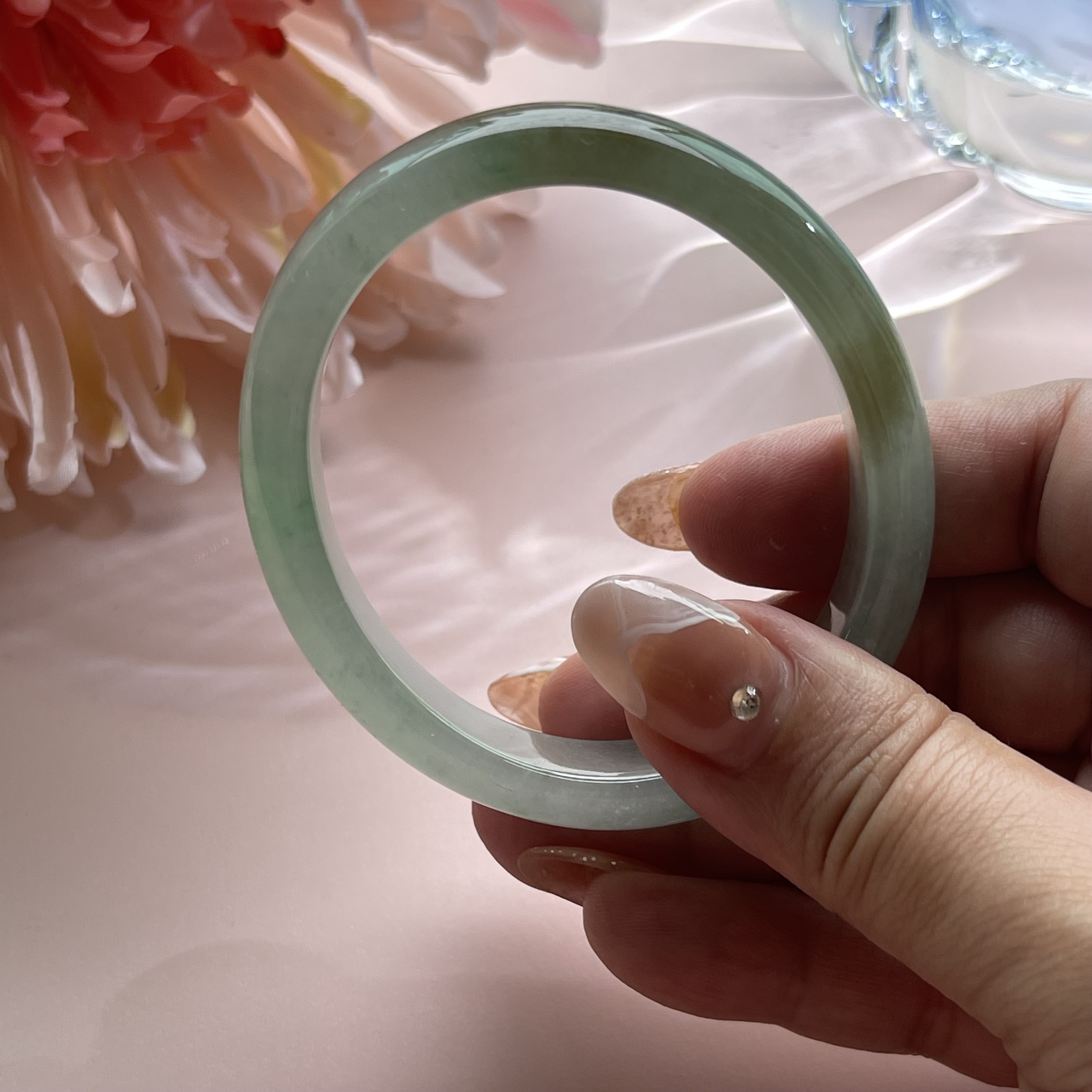 Icy Translucent Bluish Green with Olive Green Floating Flower Bangle (PJA00104)