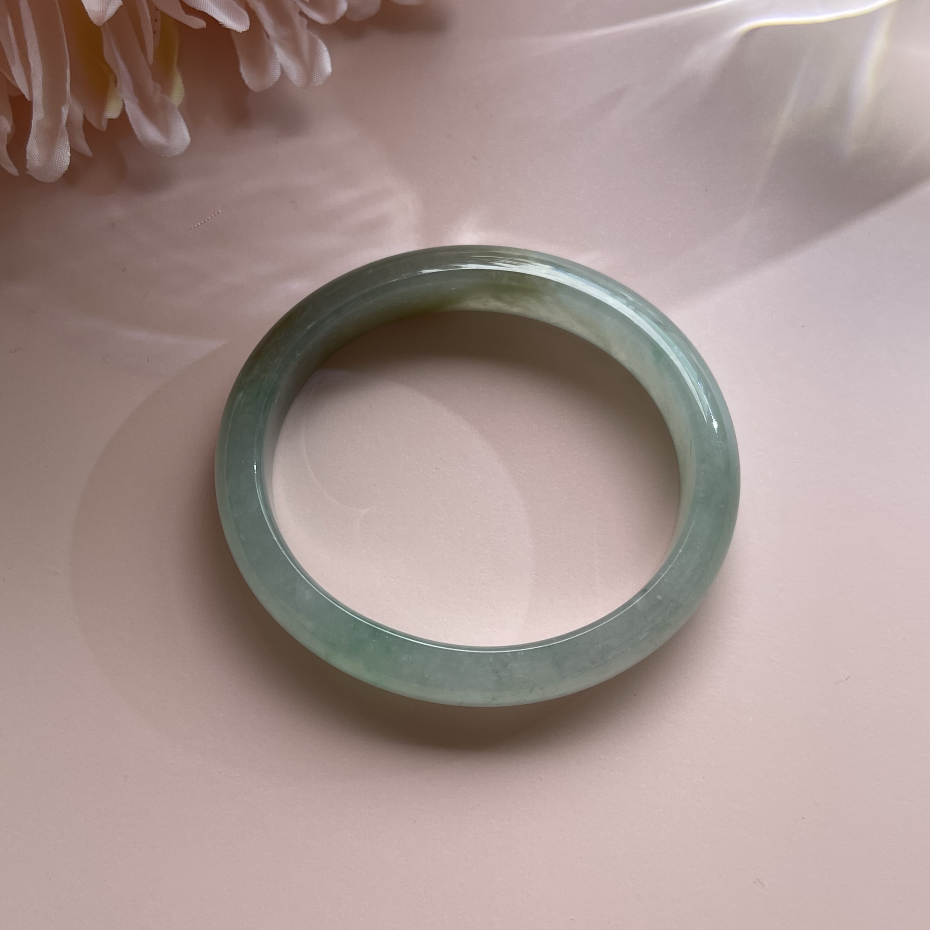 Icy Translucent Bluish Green with Olive Green Floating Flower Bangle (PJA00104)