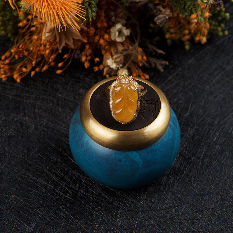 Yellow Orangey Jadeite Leaf Two Designs -  Ring and Pendant (PJA00039)