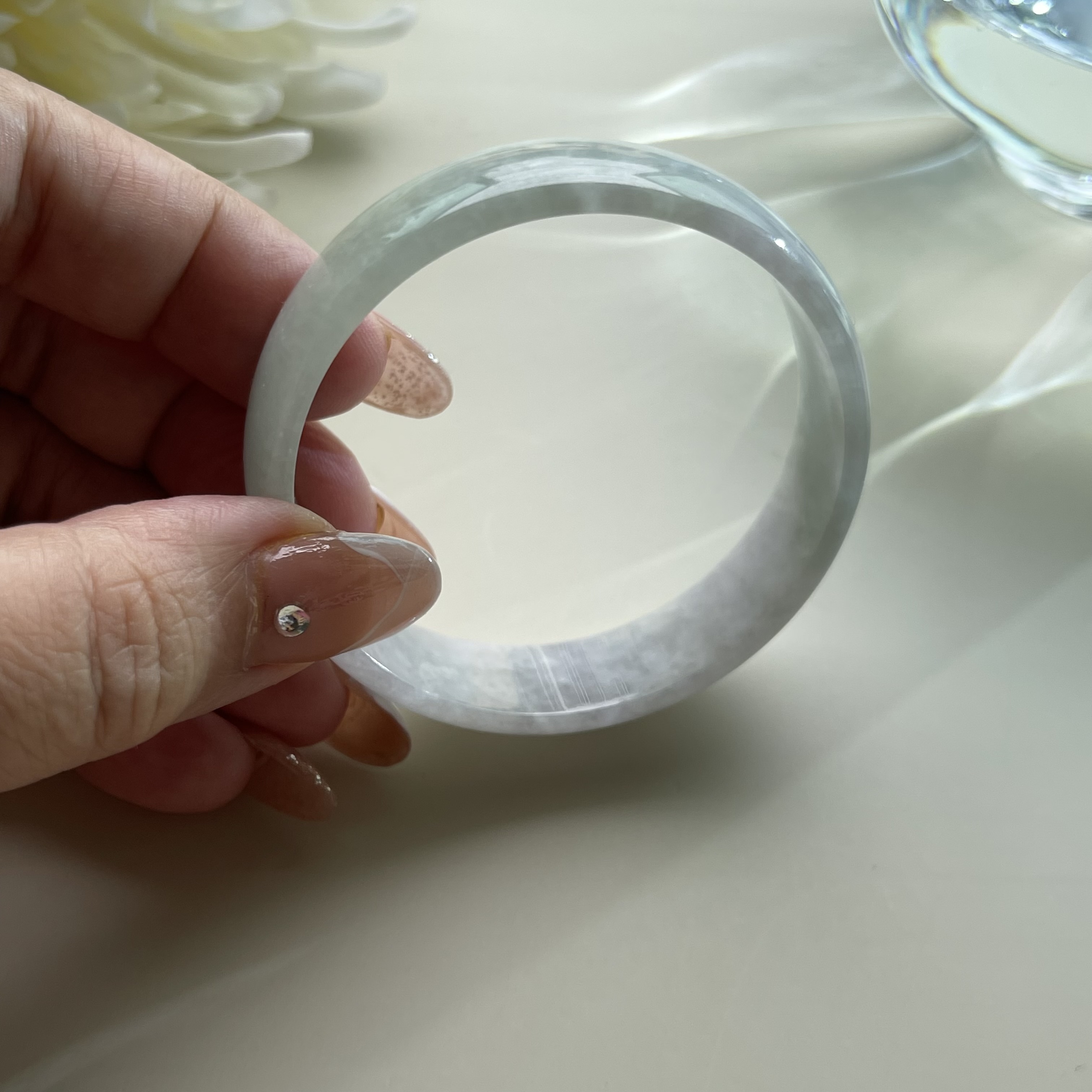 Faint Green Greyish to Faint Lavender Child Jadeite Bangle (PJA00113)