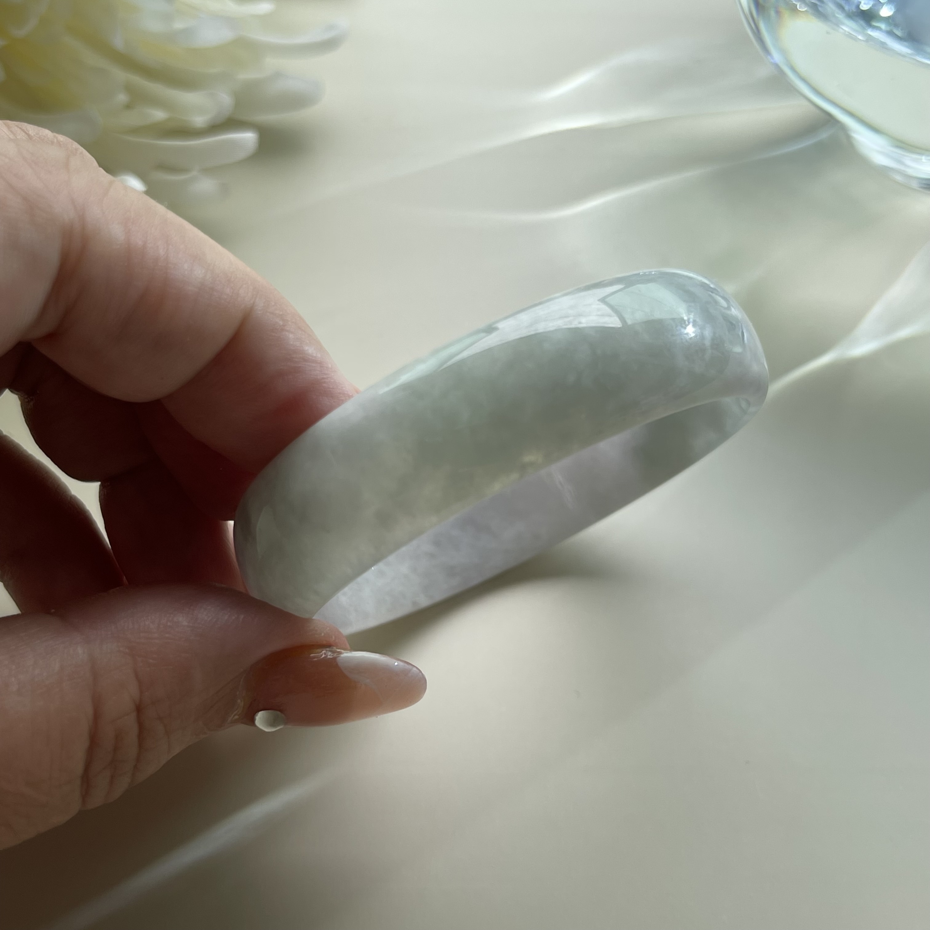 Faint Green Greyish to Faint Lavender Child Jadeite Bangle (PJA00113)