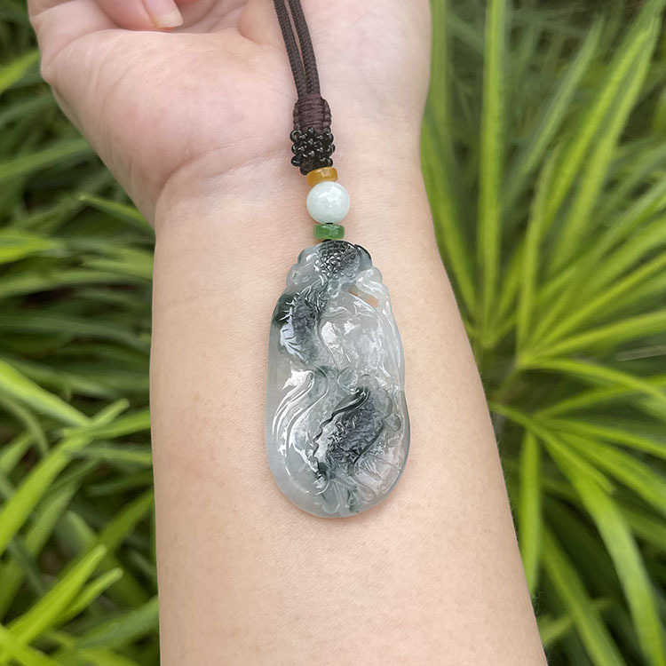 Double Carved Koi Fish Jade Pendant (PJA00010)