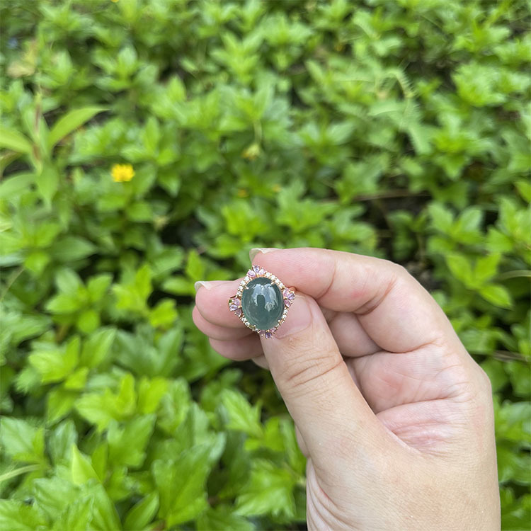 Huge Type A Bluish Green Cabochon Ring (PJA00016)