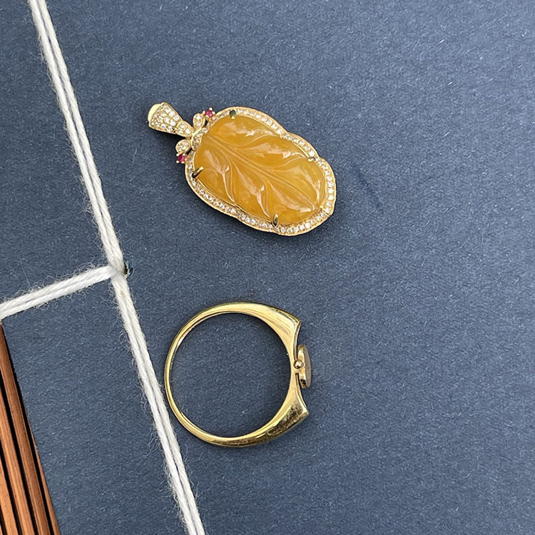 Yellow Orangey Jadeite Leaf Two Designs -  Ring and Pendant (PJA00039)