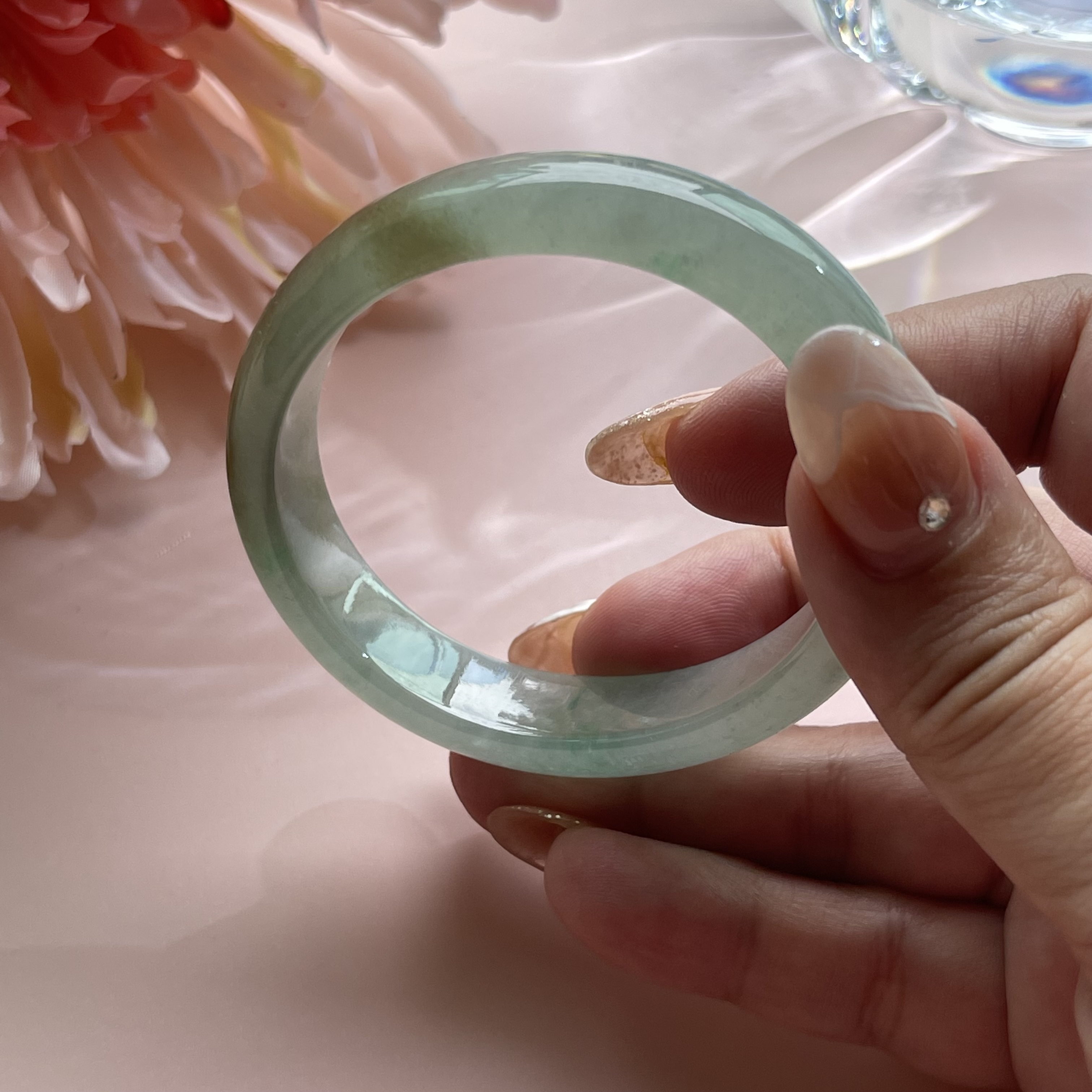 Icy Translucent Bluish Green with Olive Green Floating Flower Bangle (PJA00104)