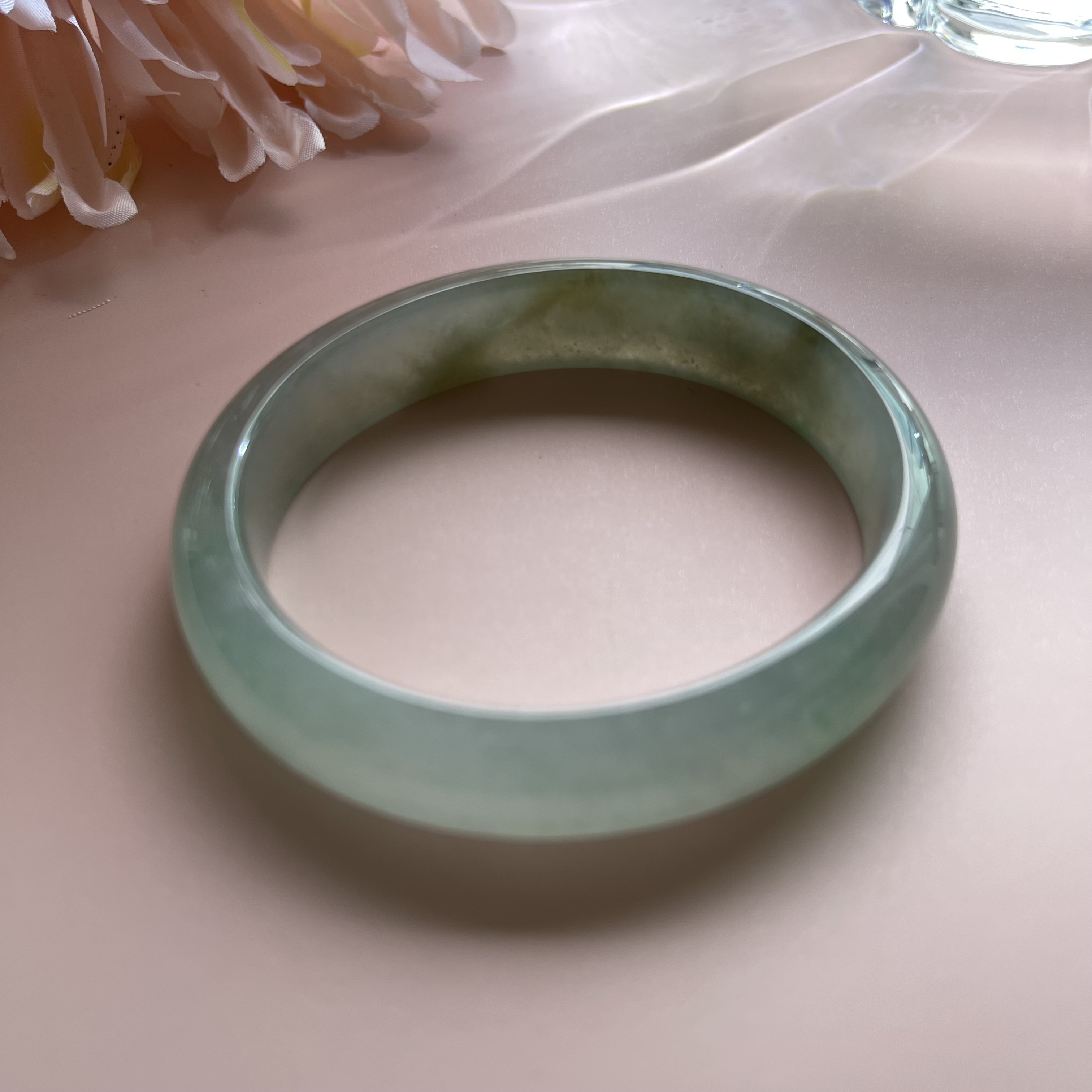 Icy Translucent Bluish Green with Olive Green Floating Flower Bangle (PJA00104)