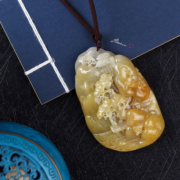 Type A Yellow Jadeite in Landscape Carving (PJA00009)