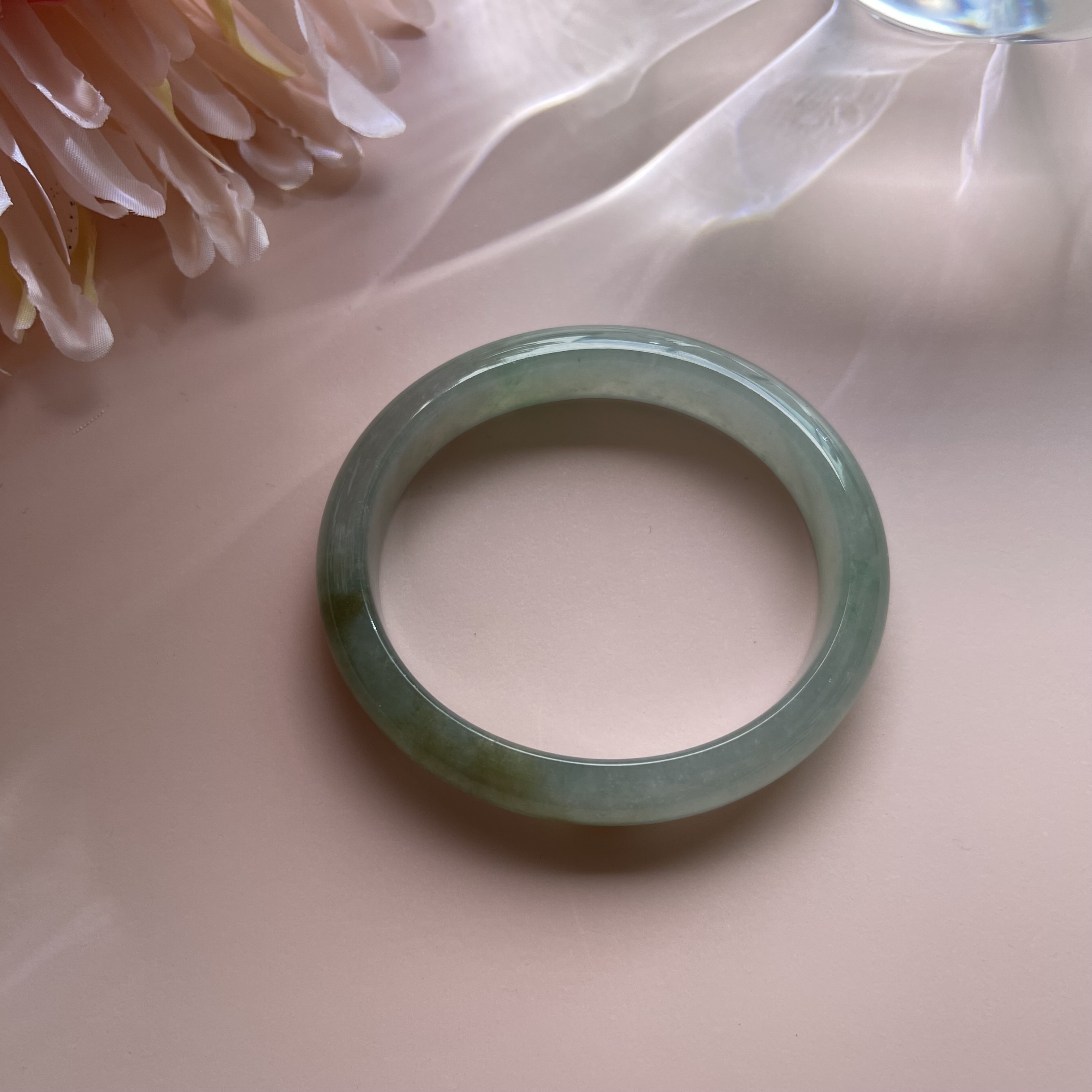 Icy Translucent Bluish Green with Olive Green Floating Flower Bangle (PJA00104)