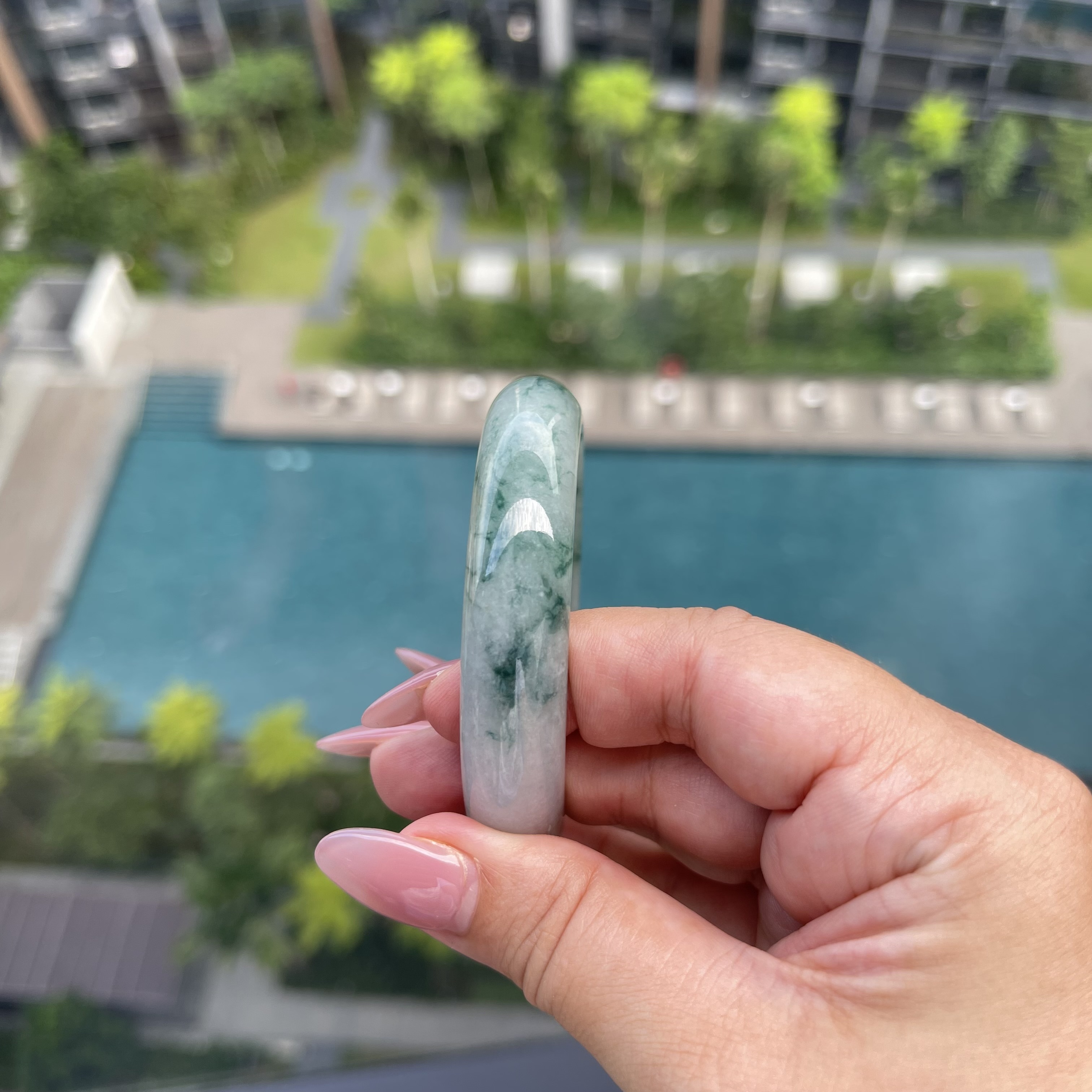 Green Floating Flowers Jadeite Bangle (PJA00077)