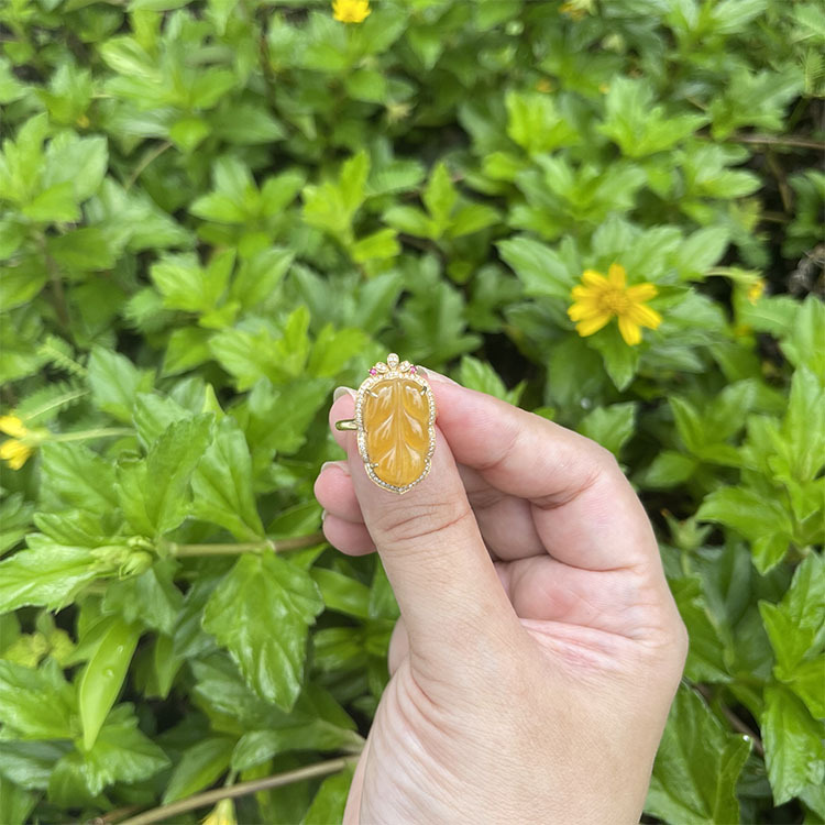 Yellow Orangey Jadeite Leaf Two Designs -  Ring and Pendant (PJA00039)