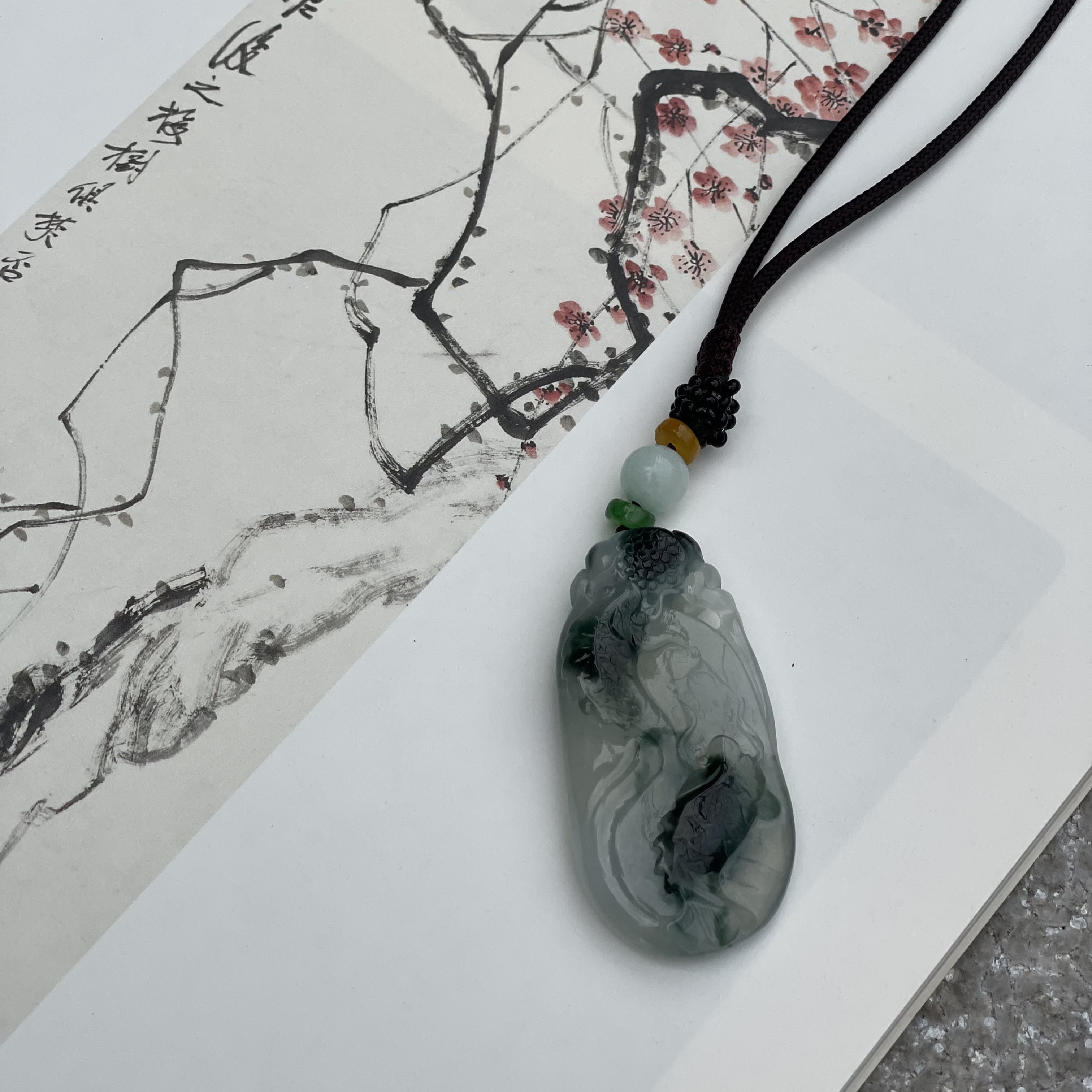 Double Carved Koi Fish Jade Pendant (PJA00010)