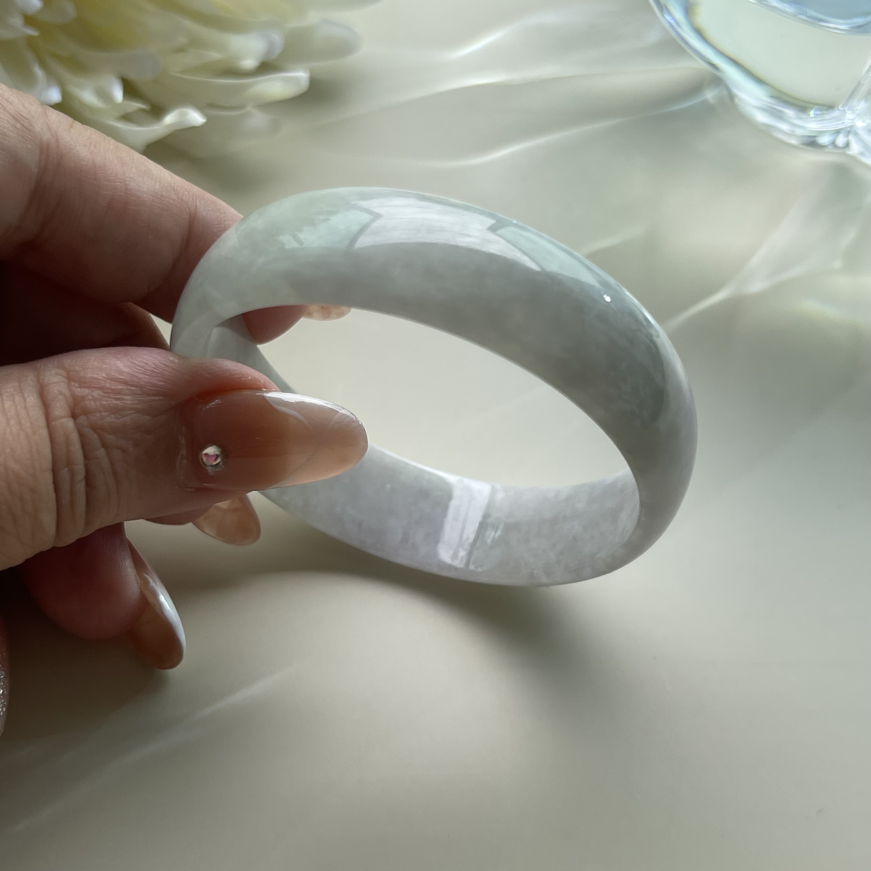 Faint Green Greyish to Faint Lavender Child Jadeite Bangle (PJA00113)
