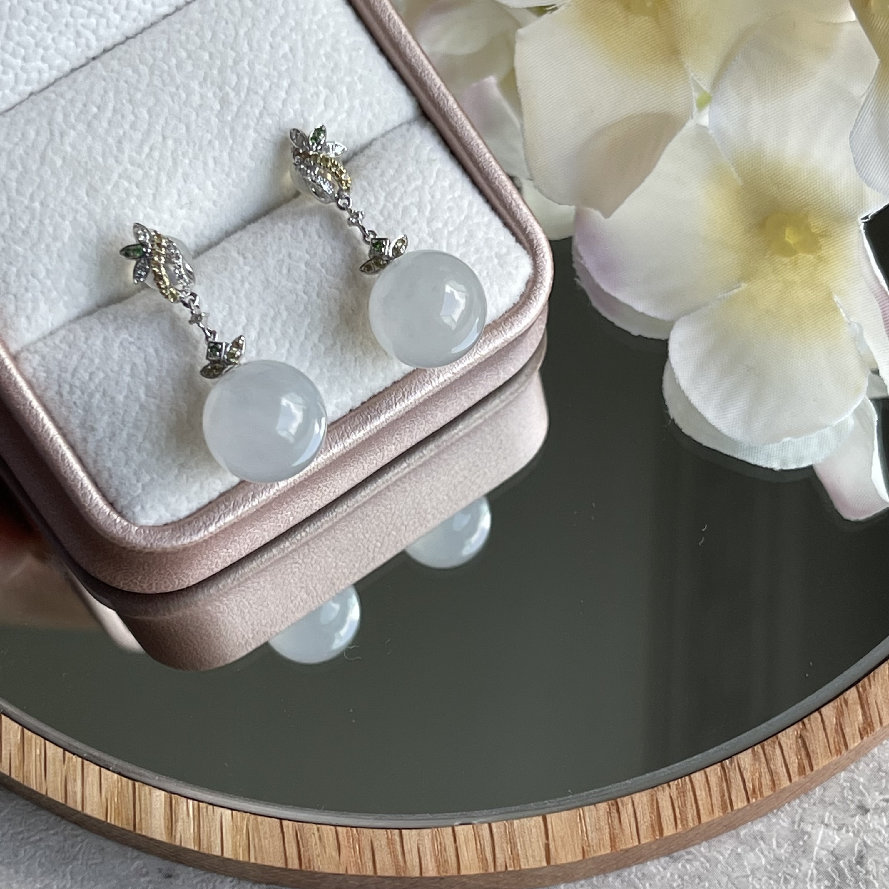 Icy White Jadeite Beads Drop Earrings (PJA00032)