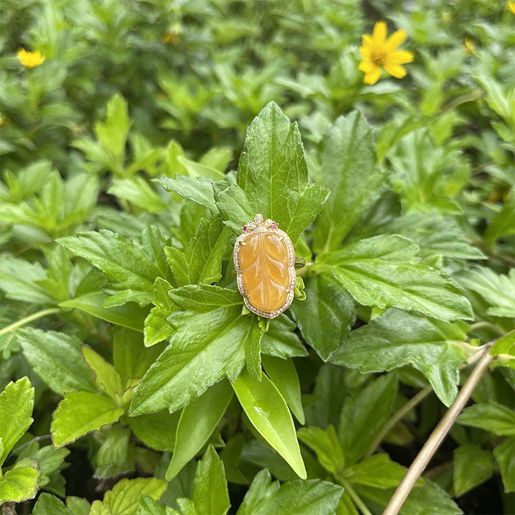 Yellow Orangey Jadeite Leaf Two Designs -  Ring and Pendant (PJA00039)