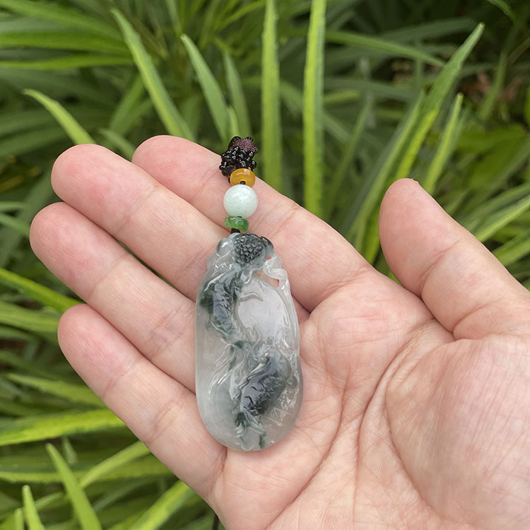 Double Carved Koi Fish Jade Pendant (PJA00010)