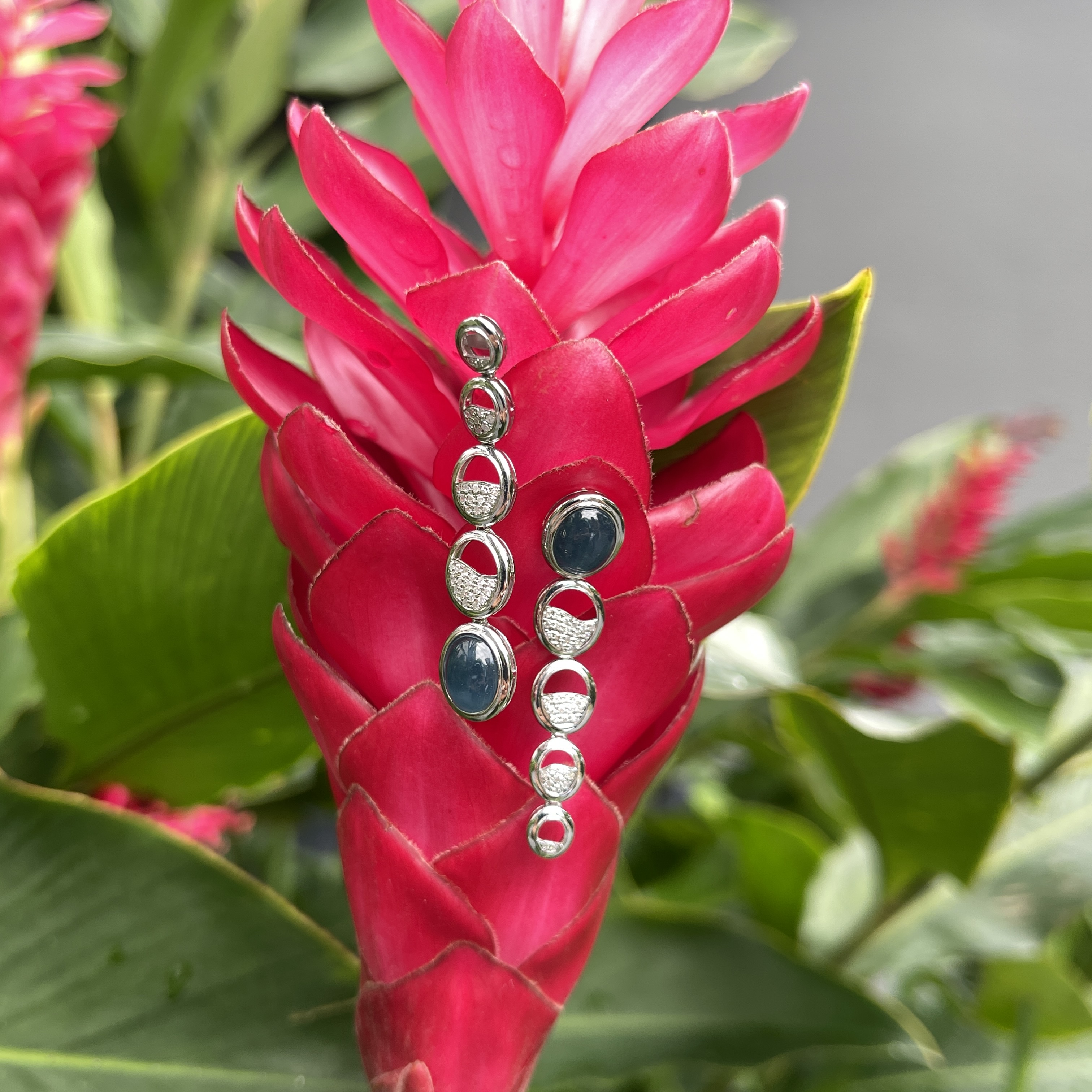 Vivid Blue Jade Cabochon Dangling Earrings (PJA00268) 