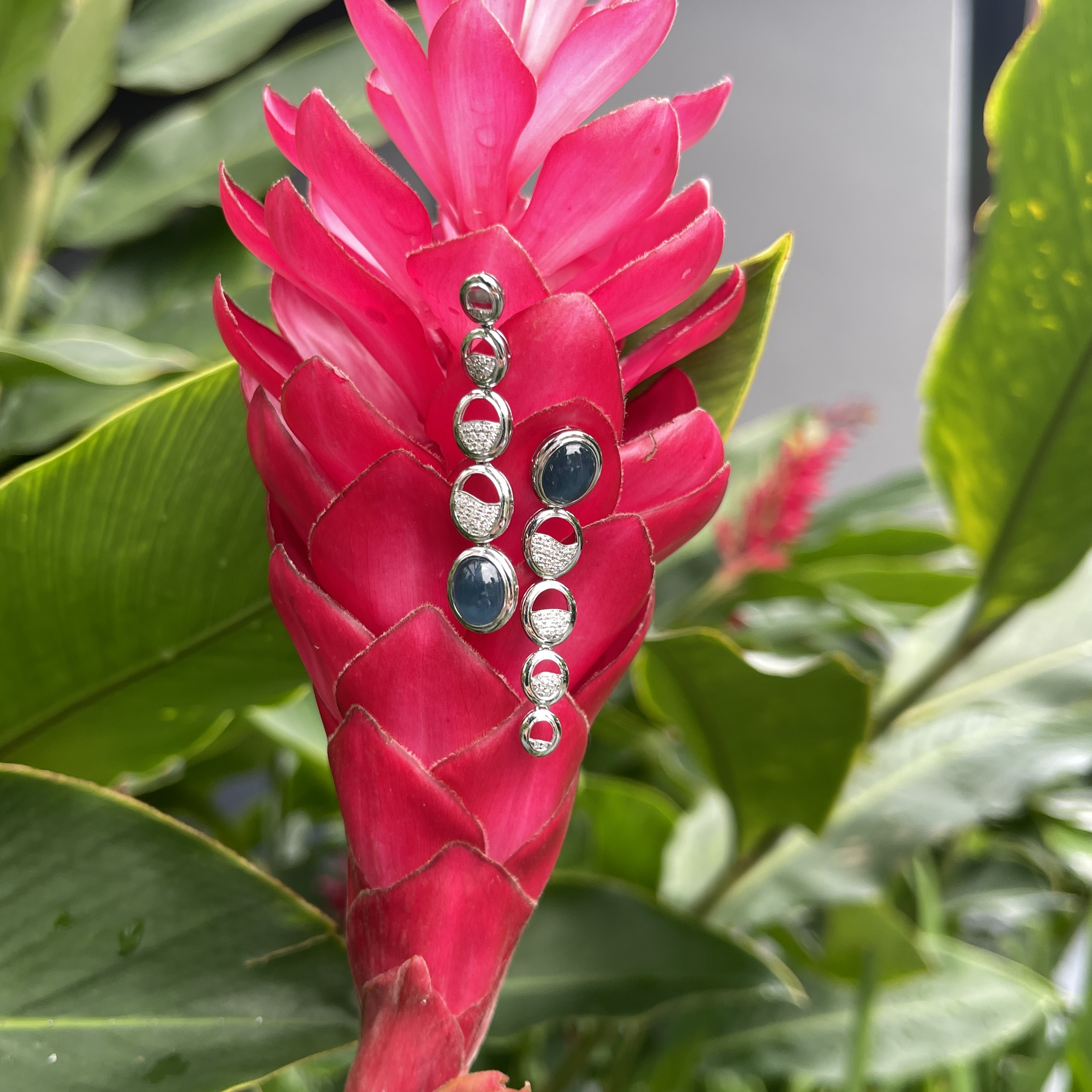 Vivid Blue Jade Cabochon Dangling Earrings (PJA00268) 