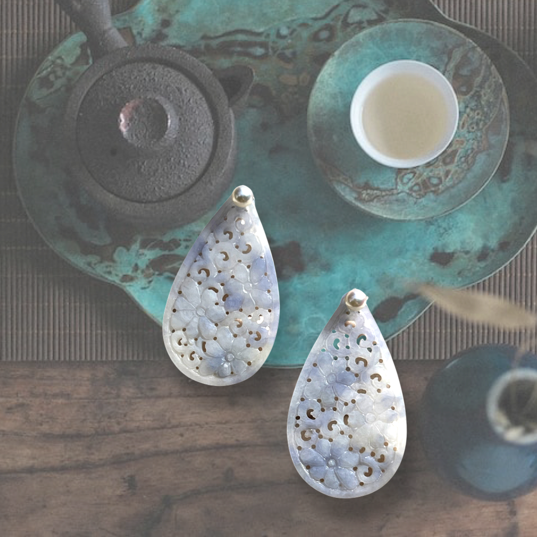 Carved Lavender Jade Drop Earrings (PJA00166) 