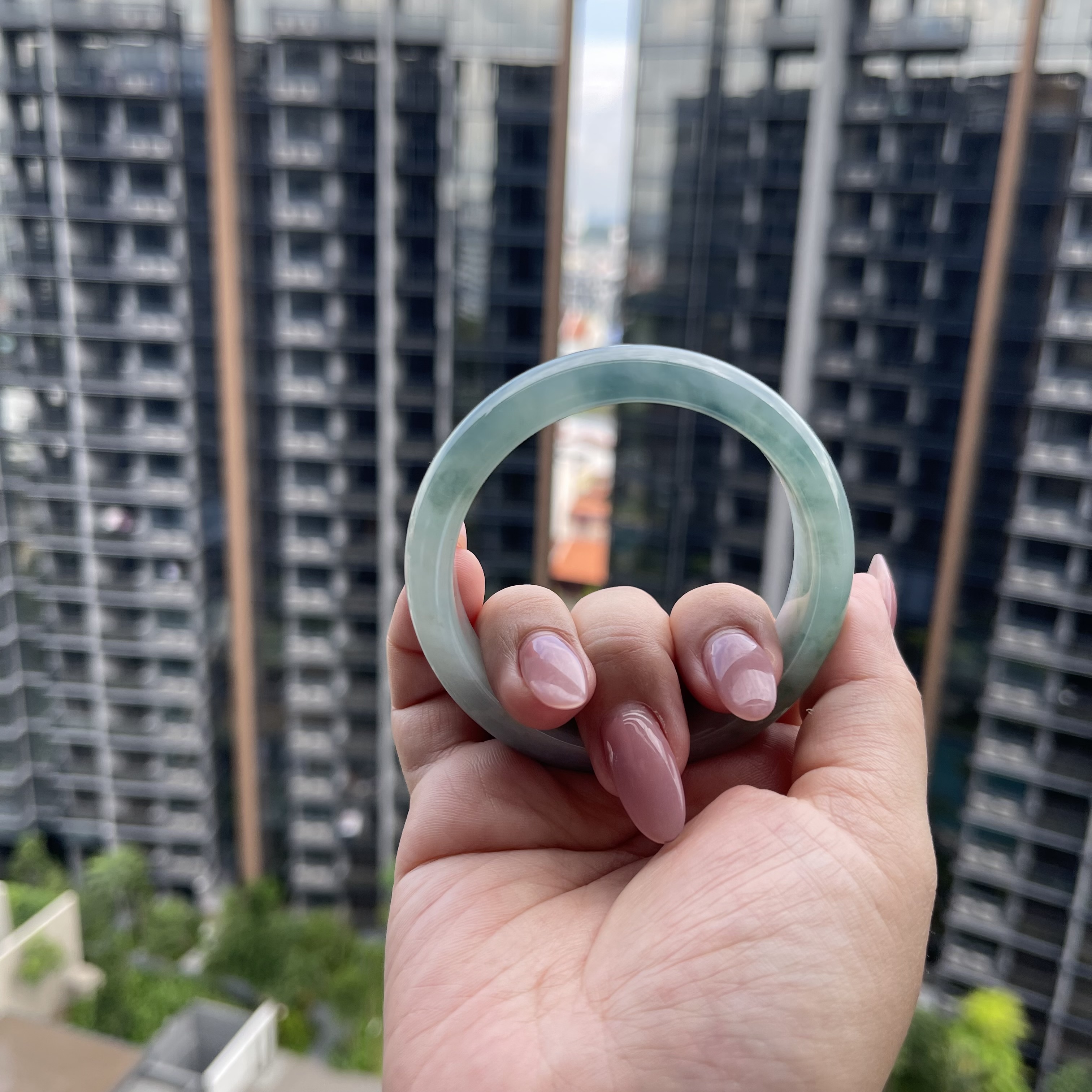 Green Jadeite Bangle With Floating Flowers (PJA00040)