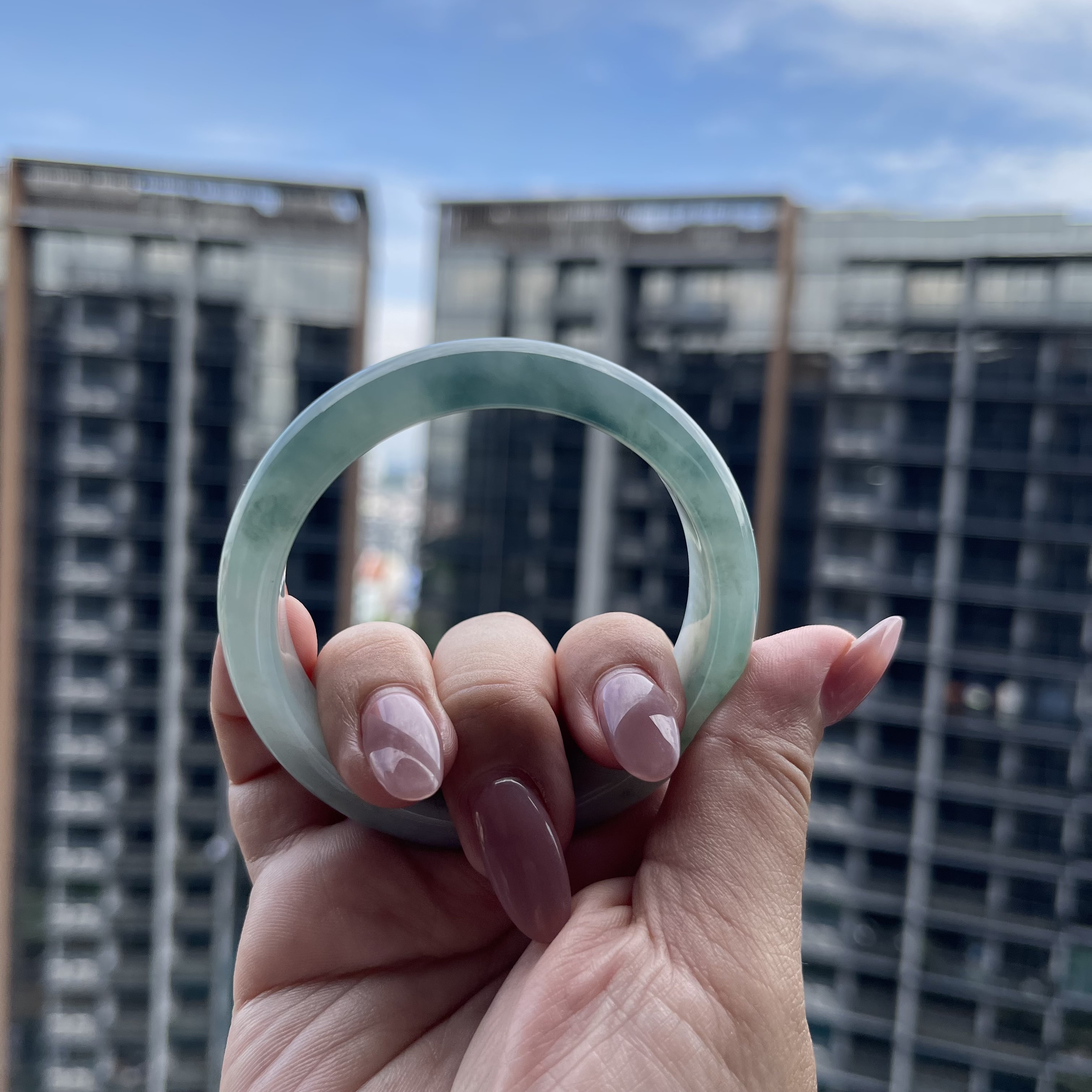 Green Jadeite Bangle With Floating Flowers (PJA00040)