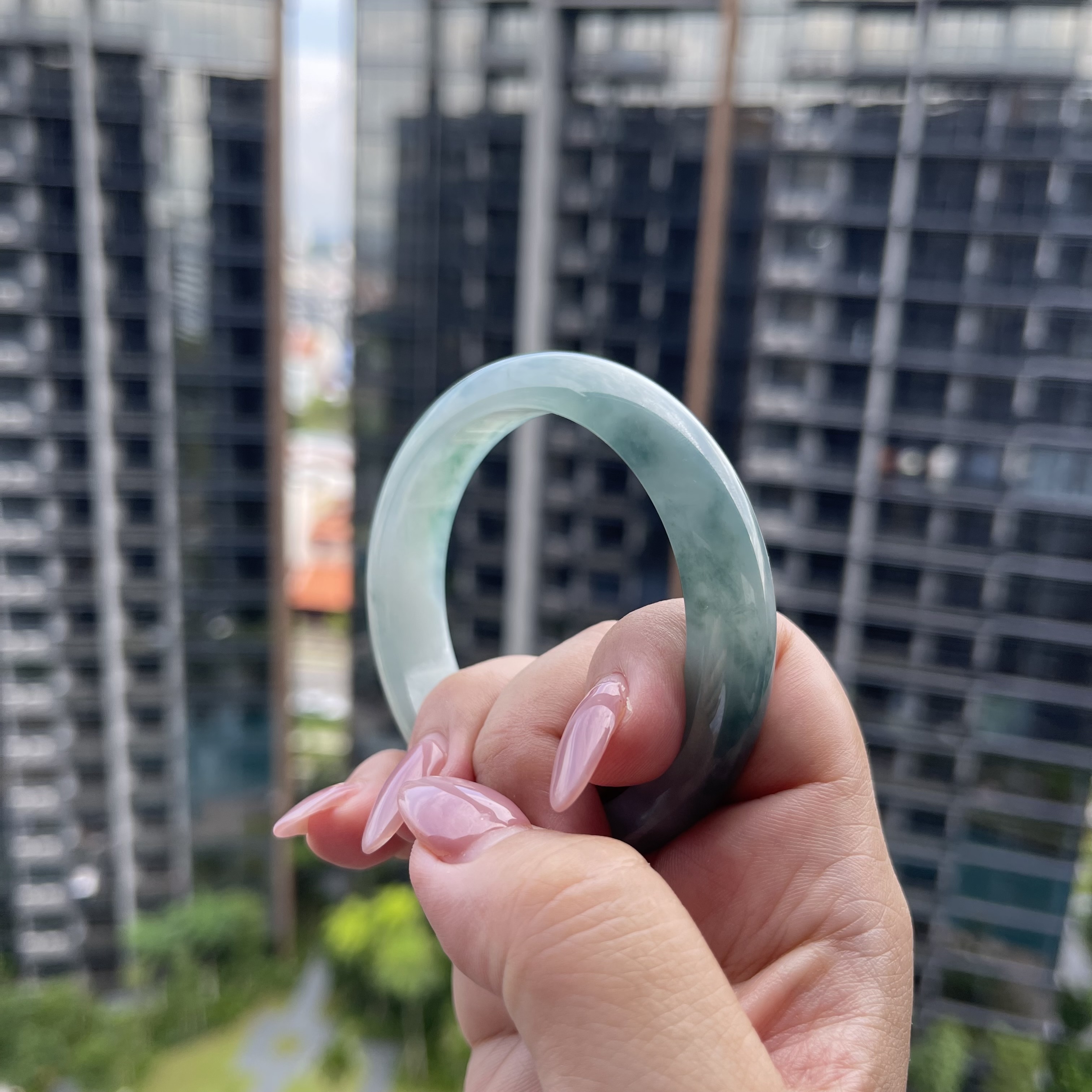 Green Jadeite Bangle With Floating Flowers (PJA00040)