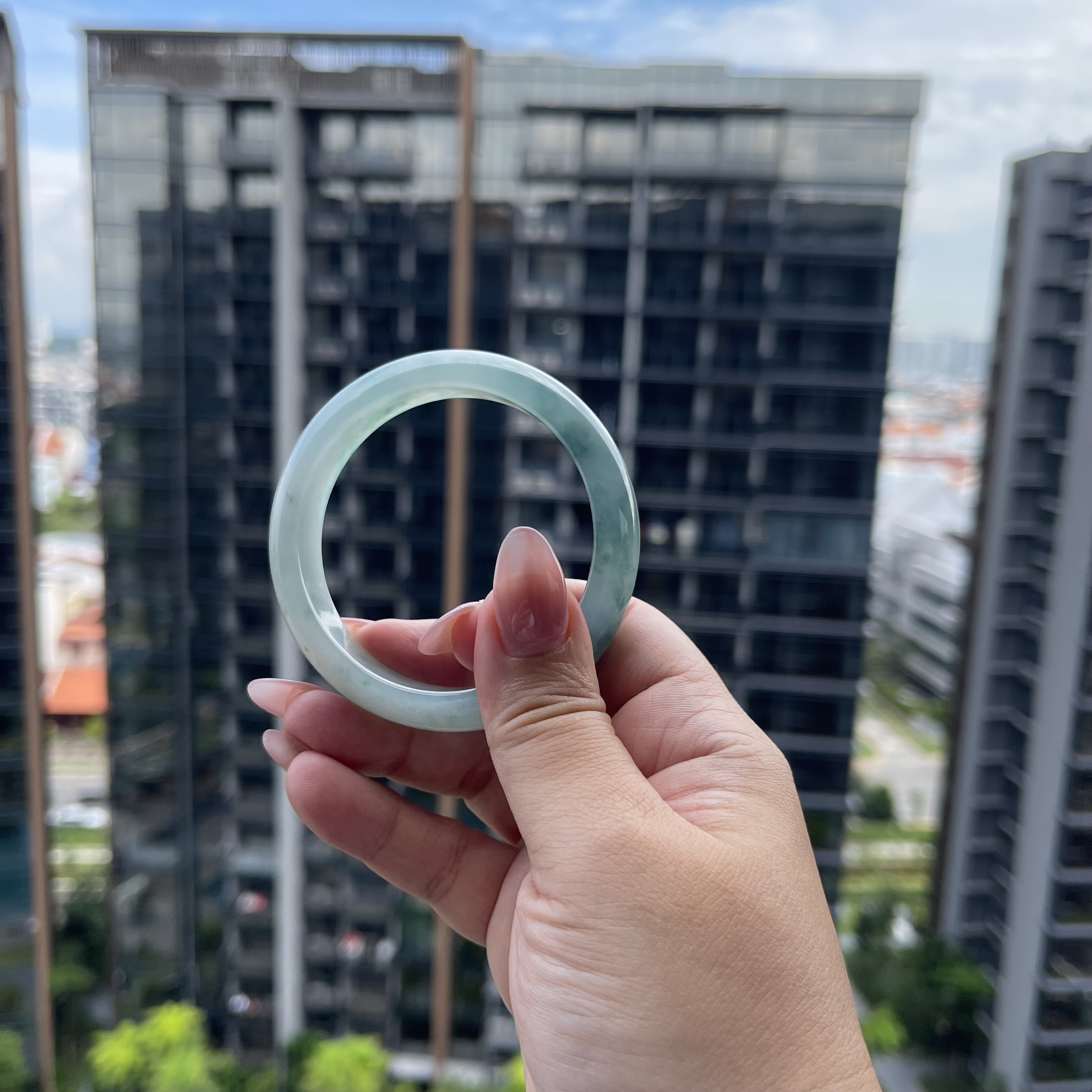 Green Jadeite Bangle With Floating Flowers (PJA00040)