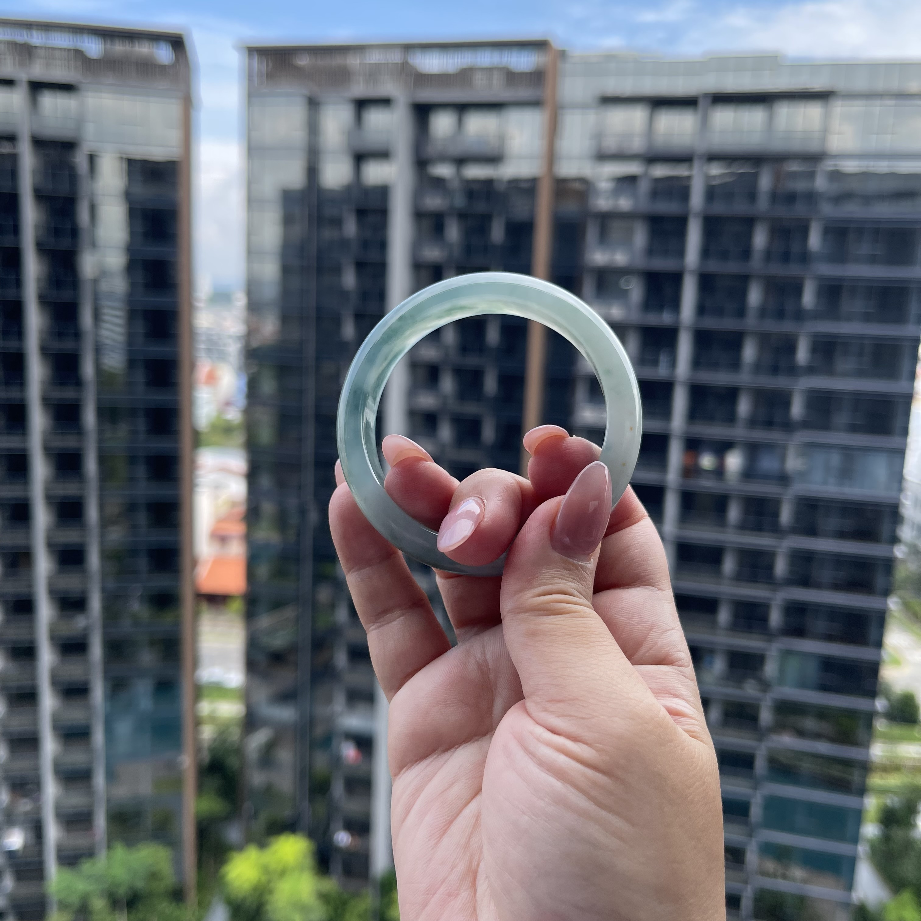 Green Jadeite Bangle With Floating Flowers (PJA00040)
