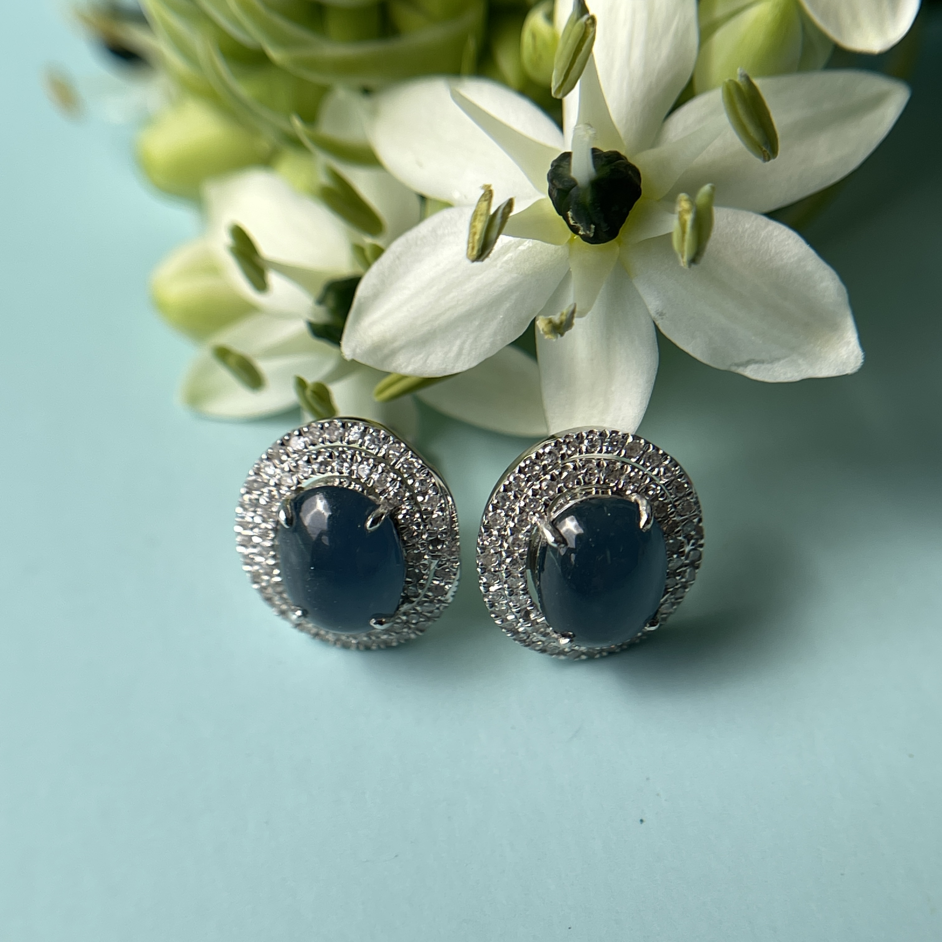 Vivid Blue Jade Cabochon Swirl Earrings (PJA00267) 