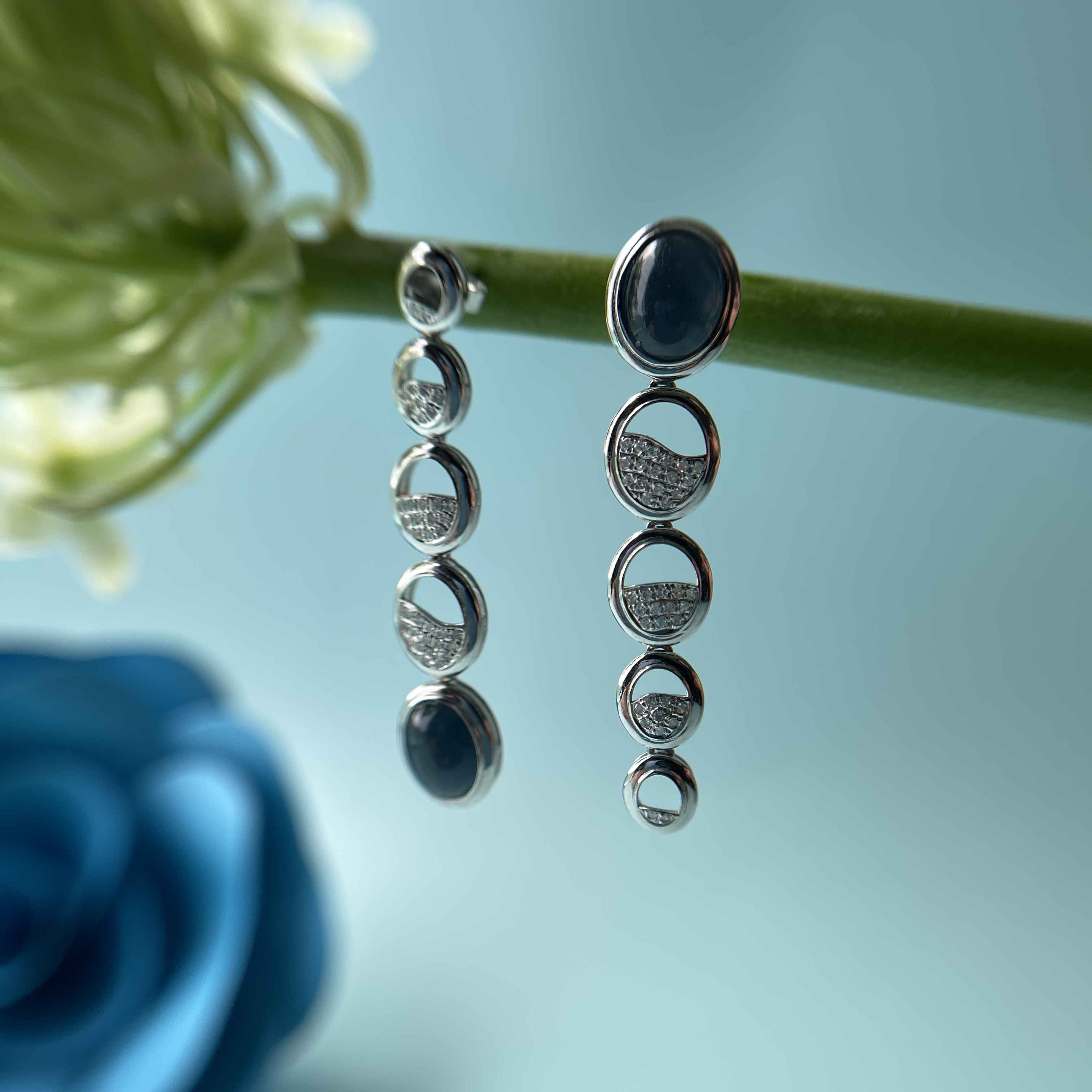 Vivid Blue Jade Cabochon Dangling Earrings (PJA00268) 