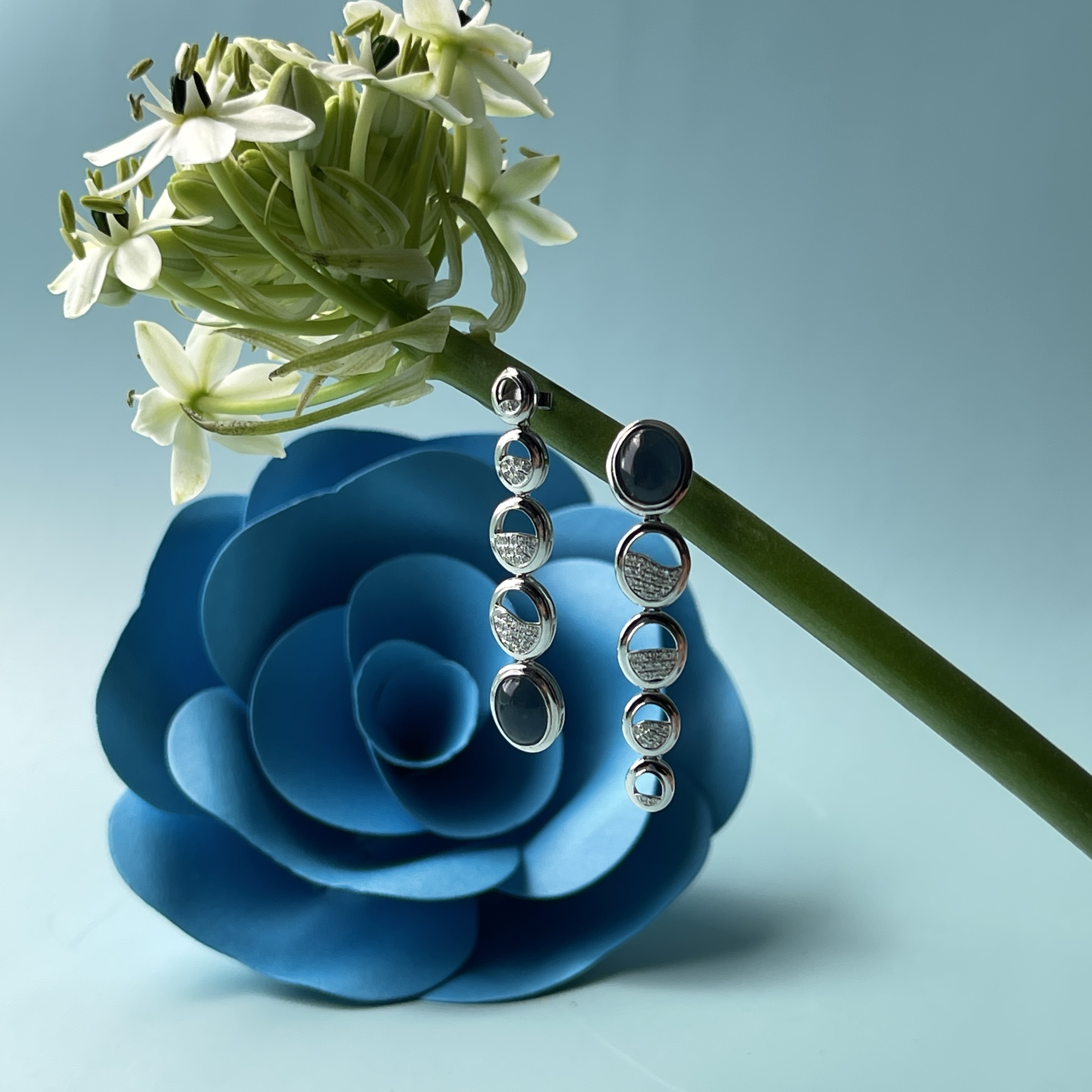 Vivid Blue Jade Cabochon Dangling Earrings (PJA00268) 