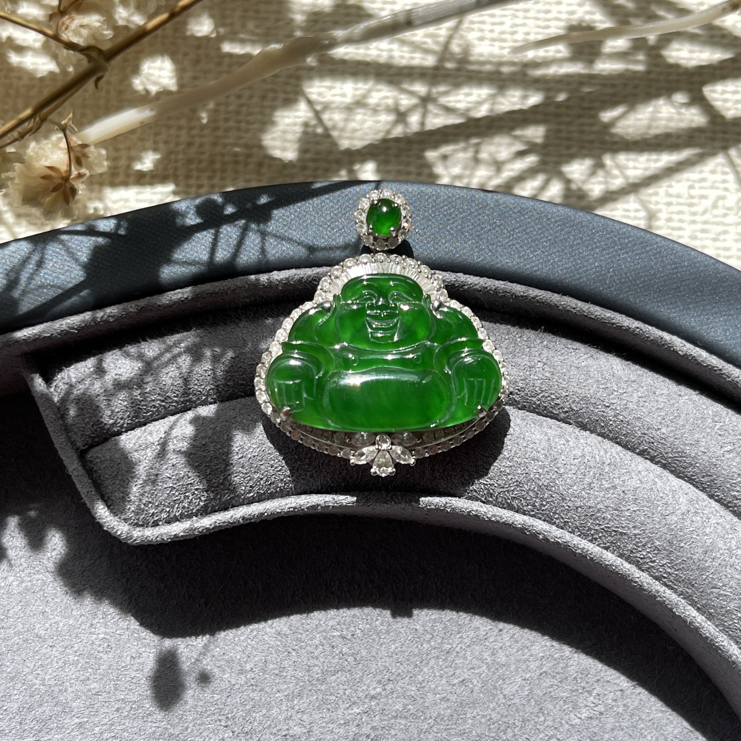 Imperial Green Jadeite Laughing Buddha Pendant (PJA00021)