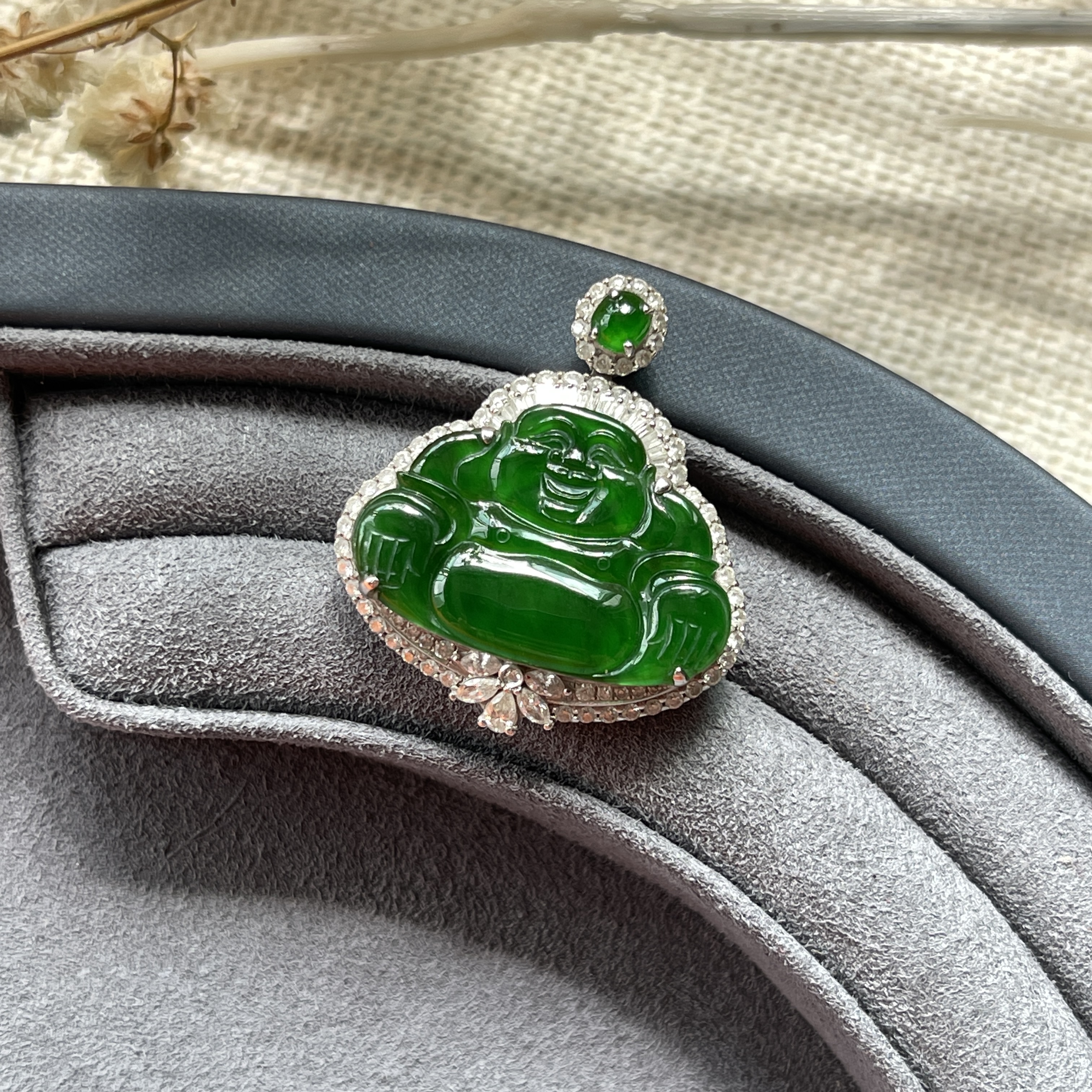 Imperial Green Jadeite Laughing Buddha Pendant (PJA00021)
