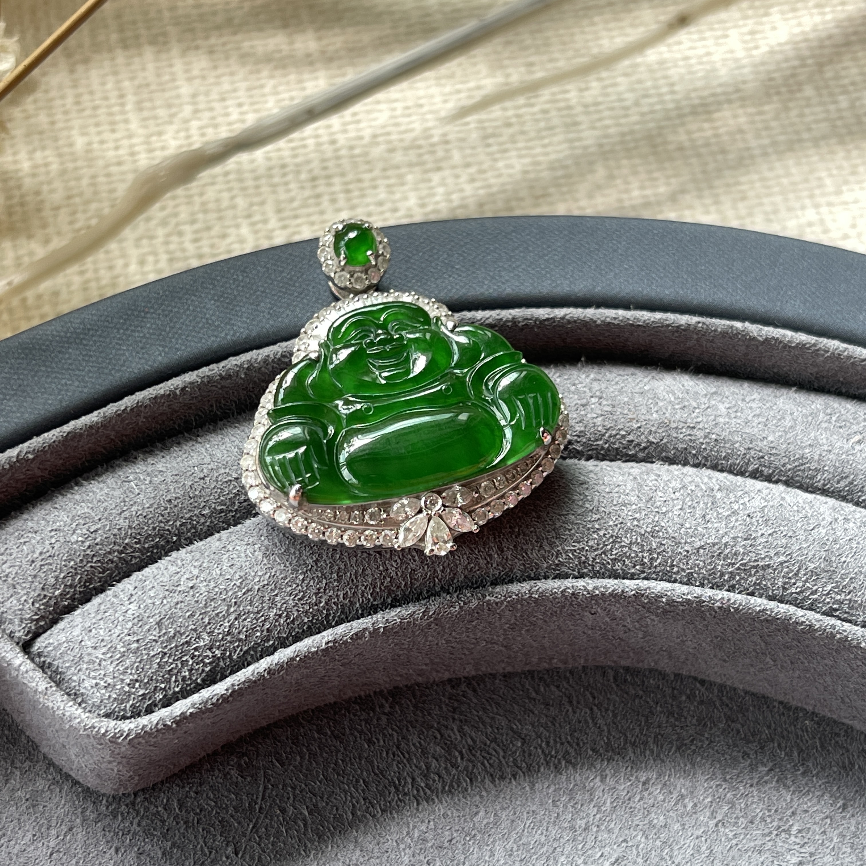 Imperial Green Jadeite Laughing Buddha Pendant (PJA00021)