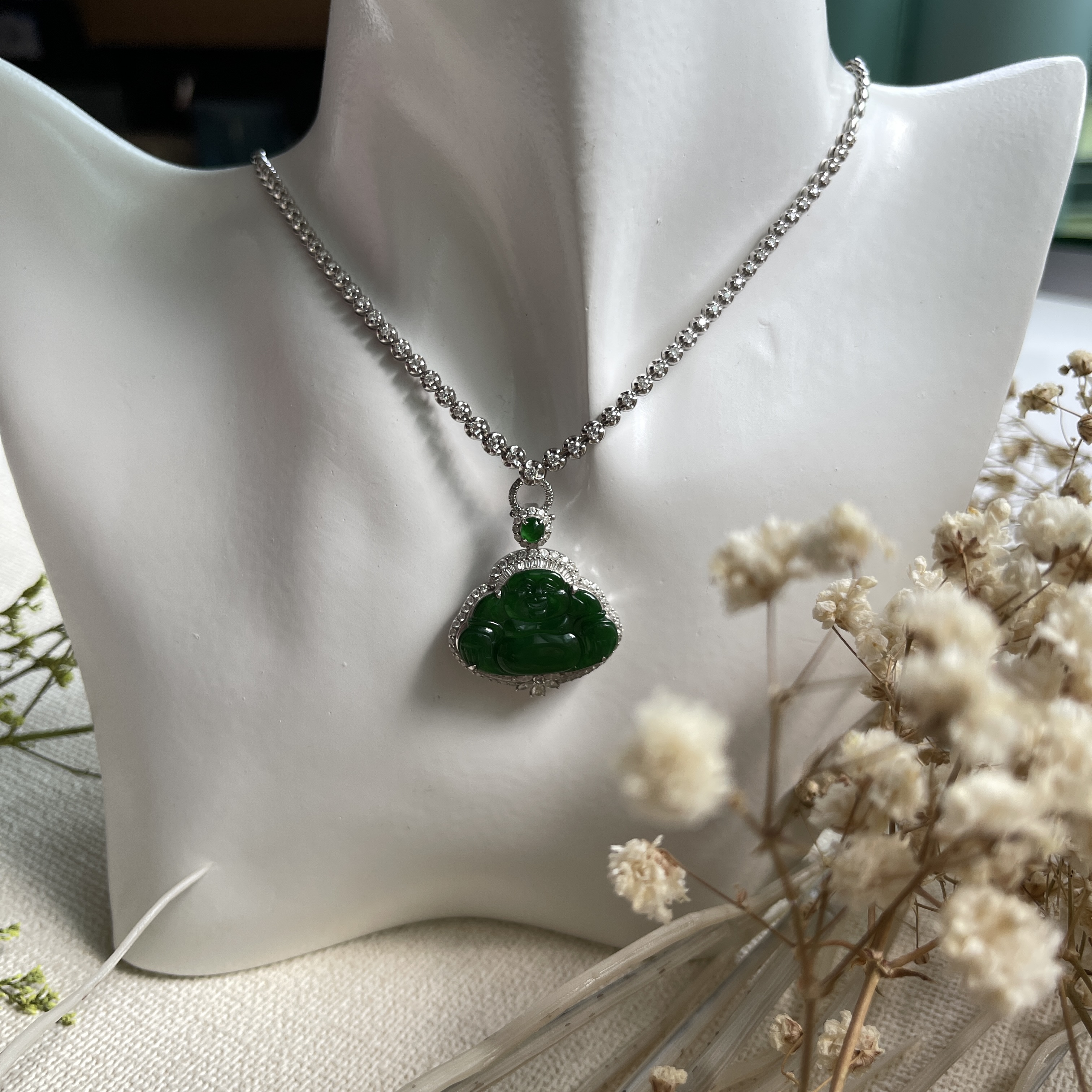 Imperial Green Jadeite Laughing Buddha Pendant (PJA00021)