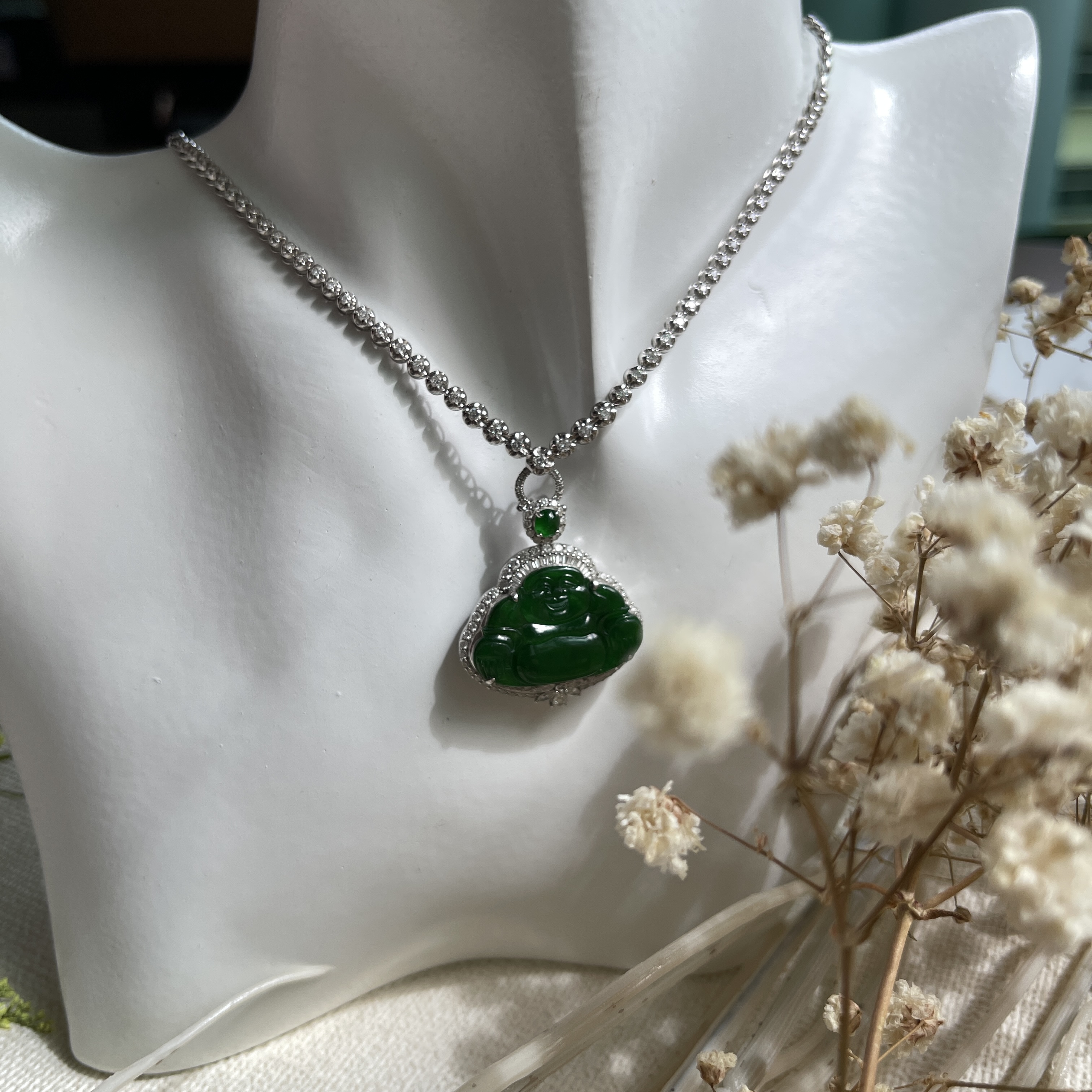 Imperial Green Jadeite Laughing Buddha Pendant (PJA00021)