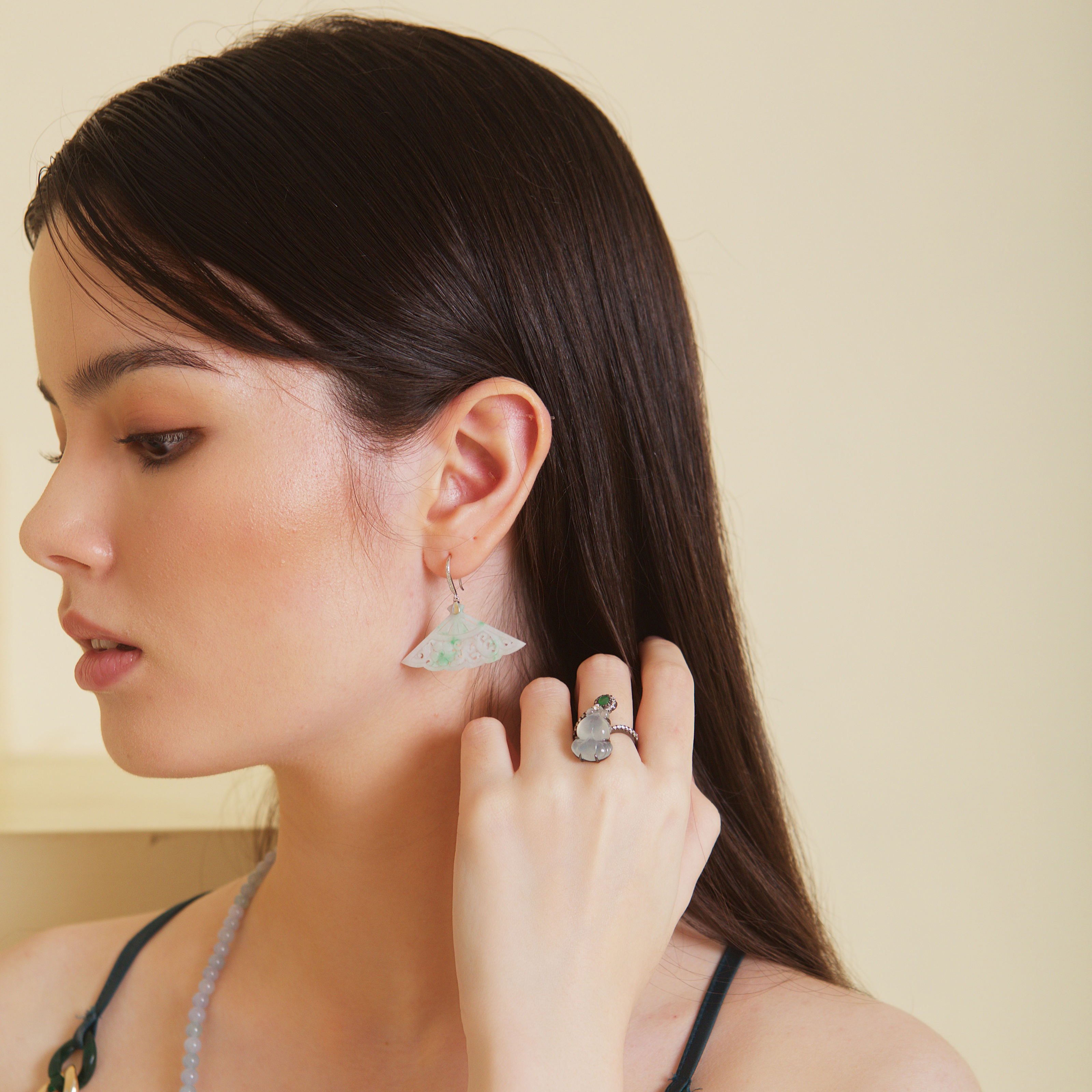 Carved Ruyi and Flower Dangle Fan Earrings (PJA00164)