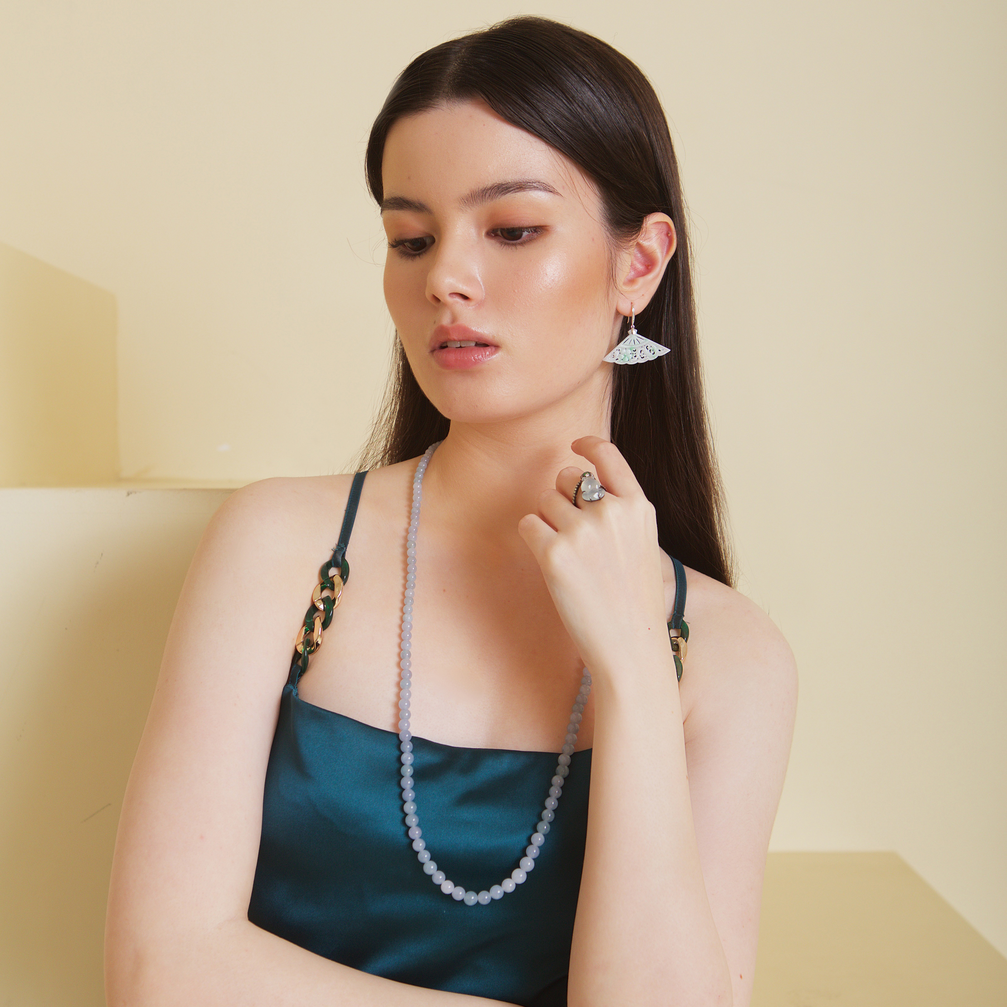 Carved Ruyi and Flower Dangle Fan Earrings (PJA00164)