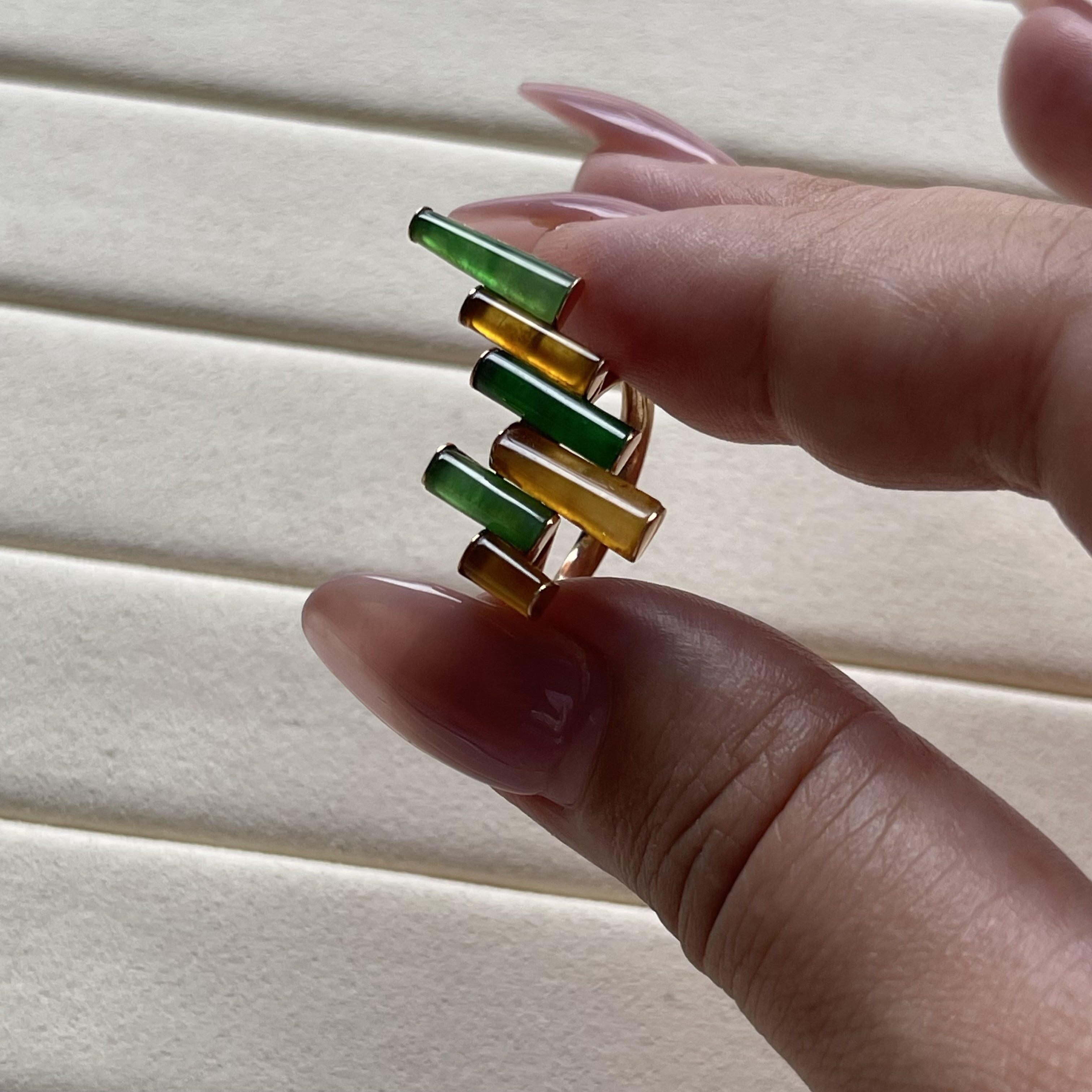 Green and Yellow Unique Modern Jadeite Ring (PJA00097)