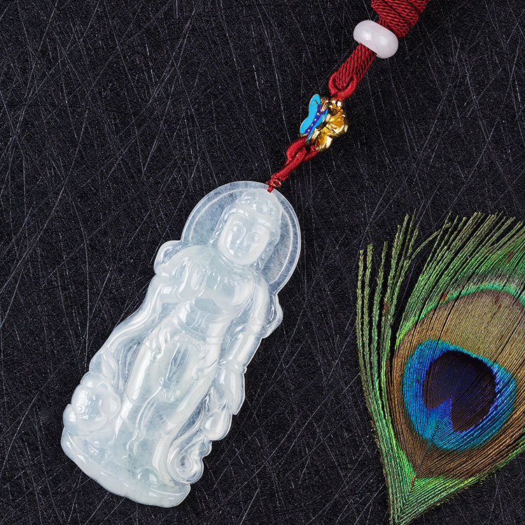 Big Size Icy Jadeite Standing Guan Yin Pendant (PJA00008)